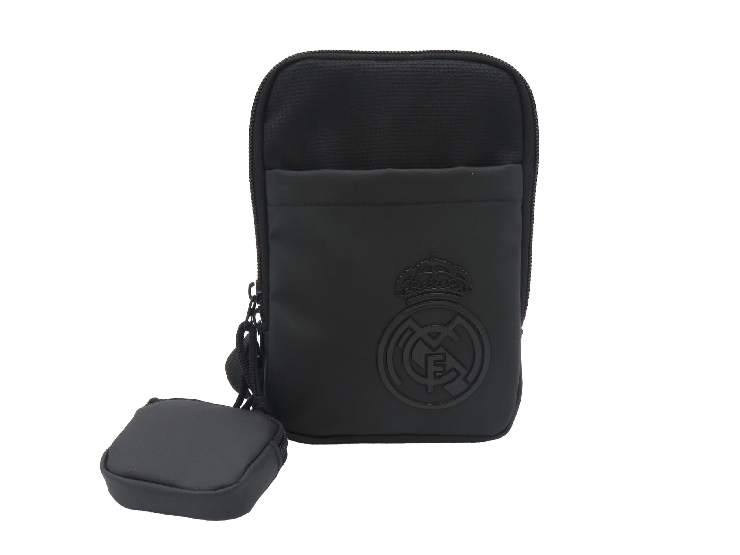 CYPBRANDS- Real Madrid, Bandolera, Bolso, Cartera, Riñonera, Accesorio para airpods o monedas, Unisex, Color Negro, Producto Oficial