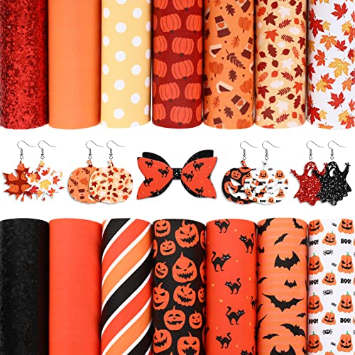 14ピース 秋 ハロウィン フェイクレザー シーツ カエデの葉 黒猫 コウモリ ストライプ ドット プリント 合成皮革 生地 グリッター オレンジ レッド レザー 秋のハロウィン DIY クラフト用 6.3 x 8.3インチ