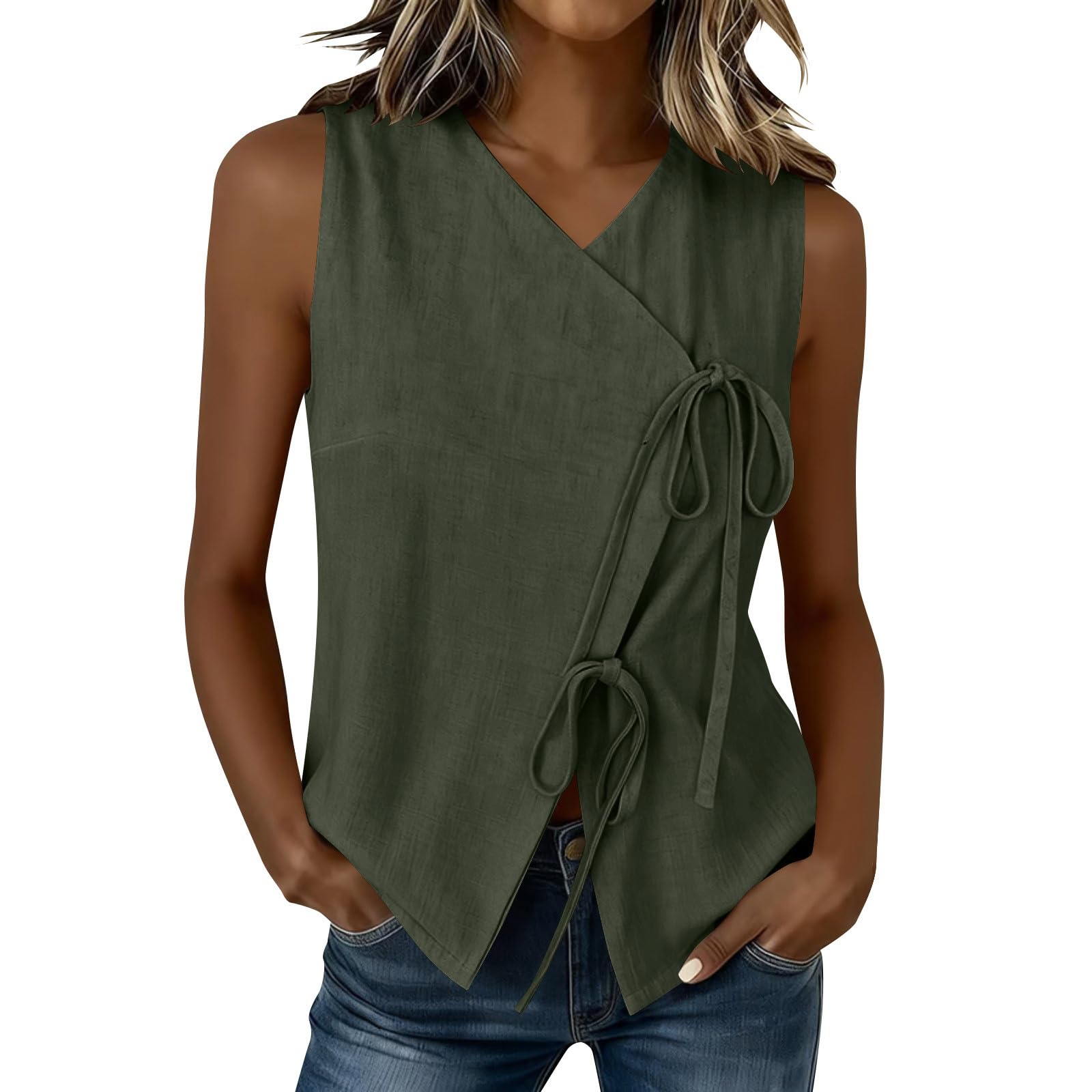 Tank Top Damen Musselin Sommer Ärmellos V-Ausschnitt Hemden Mit Kordelzug Baumwolle Leinen Shirt Locker Tuniken Trägershirt Einfarbig Lässiges Leinenbluse Elegant Leicht und Luftig Oberteil, S-XXL