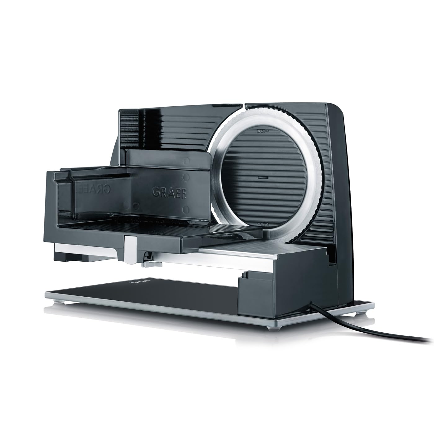 GRAEF Affettatrice STYLE S12002 nera, lama seghettata inox, taglio regolabile 0-20 mm, piastra vetro, blocco sicurezza, pulizia facile