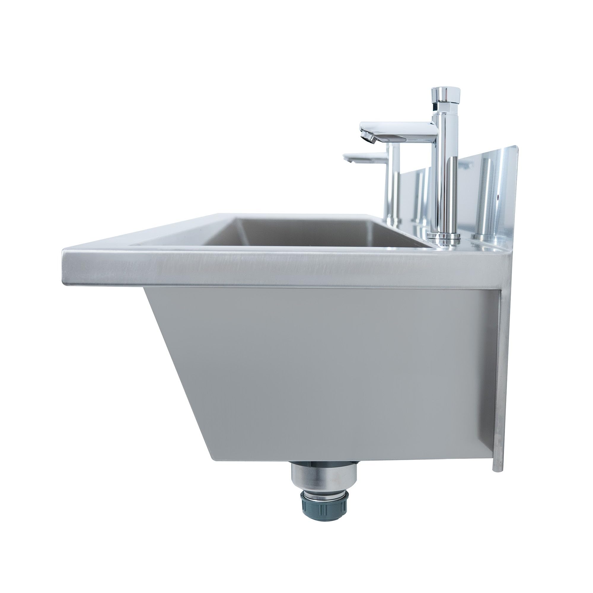 Lavabo a Canale da Parete in Acciaio Inox 120 cm (1200 mm) Professionale con Miscelatore, Rubinetti Push, Paraschizzi, Scarico Inclinato e 2 Dispenser Sapone da 500 ml