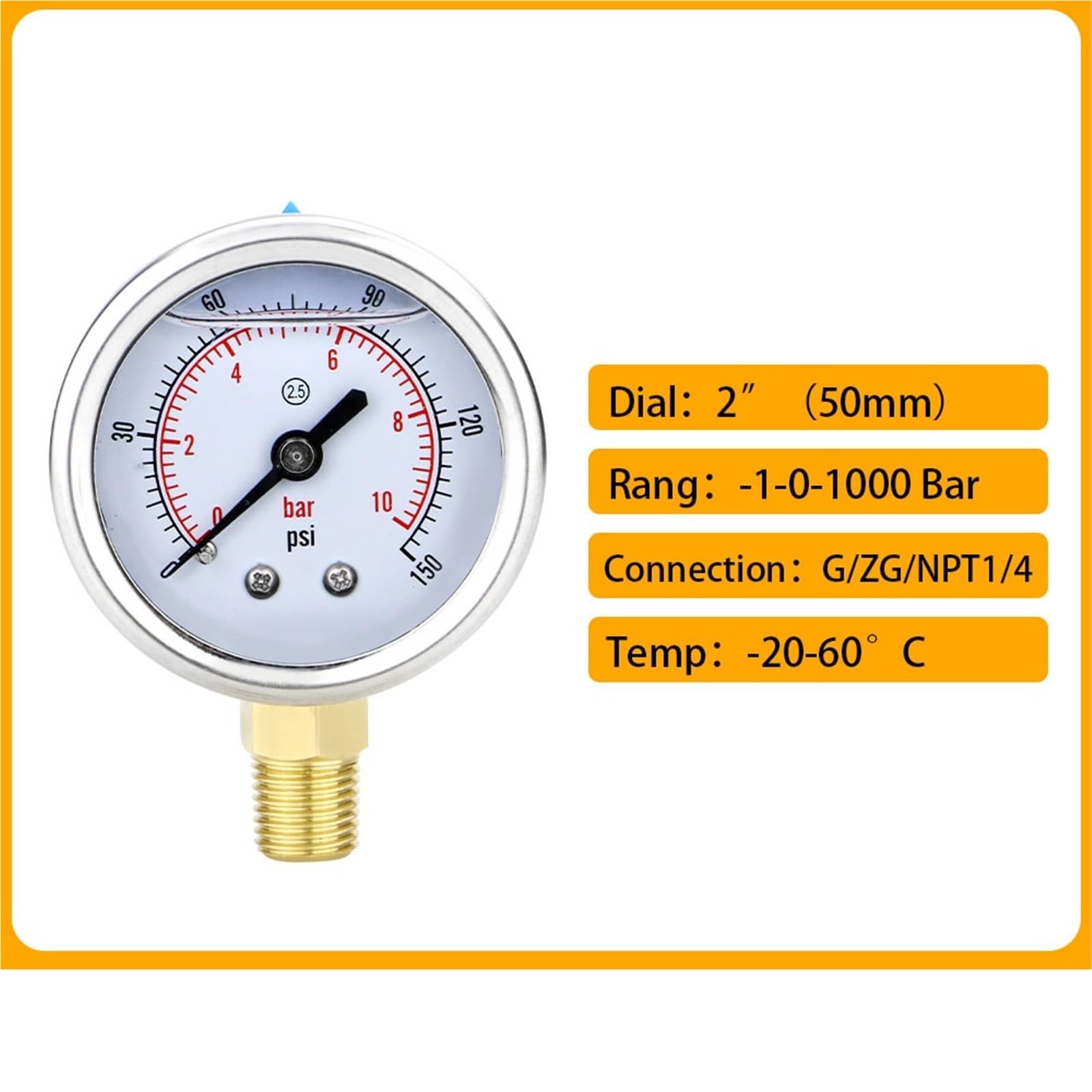 Manómetro de 50mm(2 "), llenado de glicerina, 0...1...400bar/psi, conexión roscada de latón, manómetros de Agua, Gas y Combustible(M14-1.5 with Oil,0-10bar)