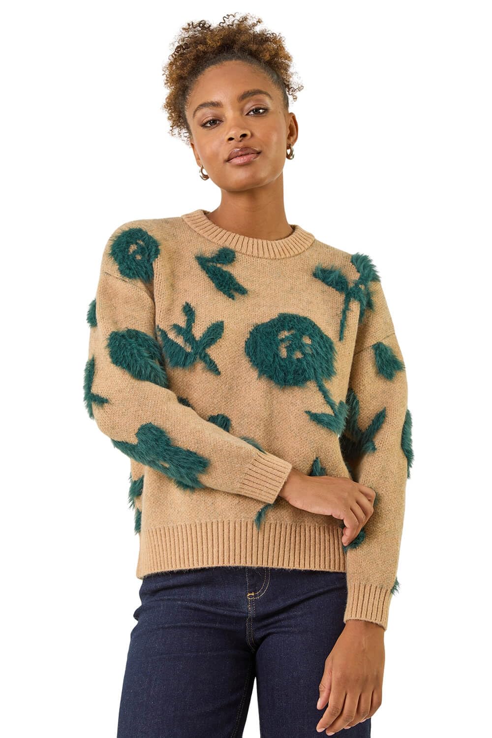 Roman Originals Women's Beige Teal Roman Fluffy Yarn Jumper For Uk Thick Sweater Warm Cosy Chunky Knitted Pullover Winter Furry Casual Smart Textured Everyday Cuddly Soft Knitwear - Size 10