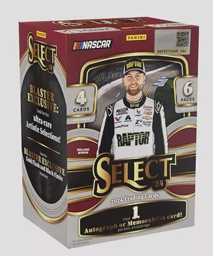 2024 Panini Select Racing NASCAR Factory Sealed Blaster Box 6 packs of 4 cards. 1 autograph or memorabilia card on average. Look for Blaster Exclusive Gold Flash and Black Finite Parallels as well as the exclusive ultra-rare Artistic Selections.