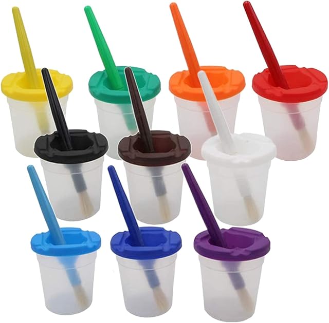 SGerste 10 Pieces Paint Brushes and 10 pieces Paint Pot with Lids Kids Children School Equipment Plastic Non-Spilled Water Cup Mixing Paint Pot and Stopper Lid for Kids Art Painting