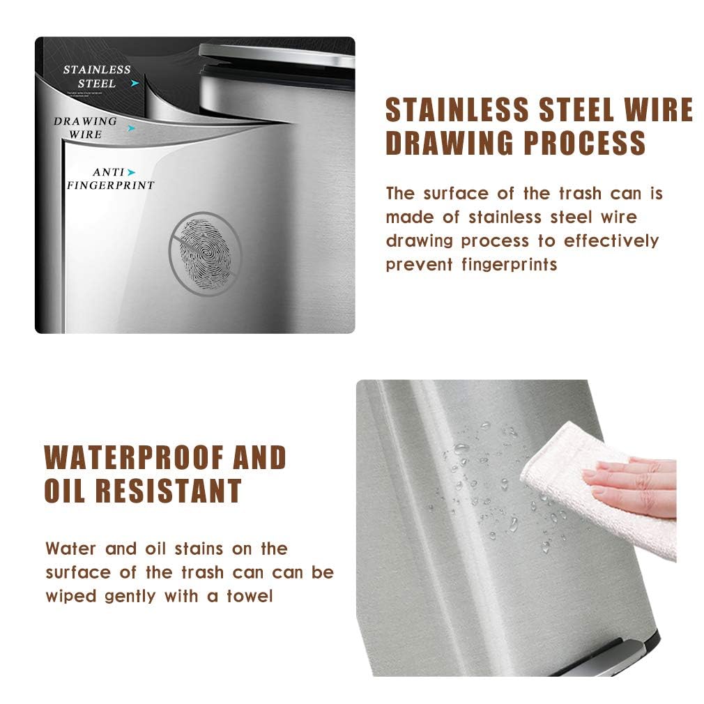 BestOffice 13 Gallon (50L) Trash Can with Lid Garbage Can Commercial Trash Can with Soft-Close Foot Pedal Fingerprint Proof Stainless Steel for Kitchen Home Office Bedroom Bathroom