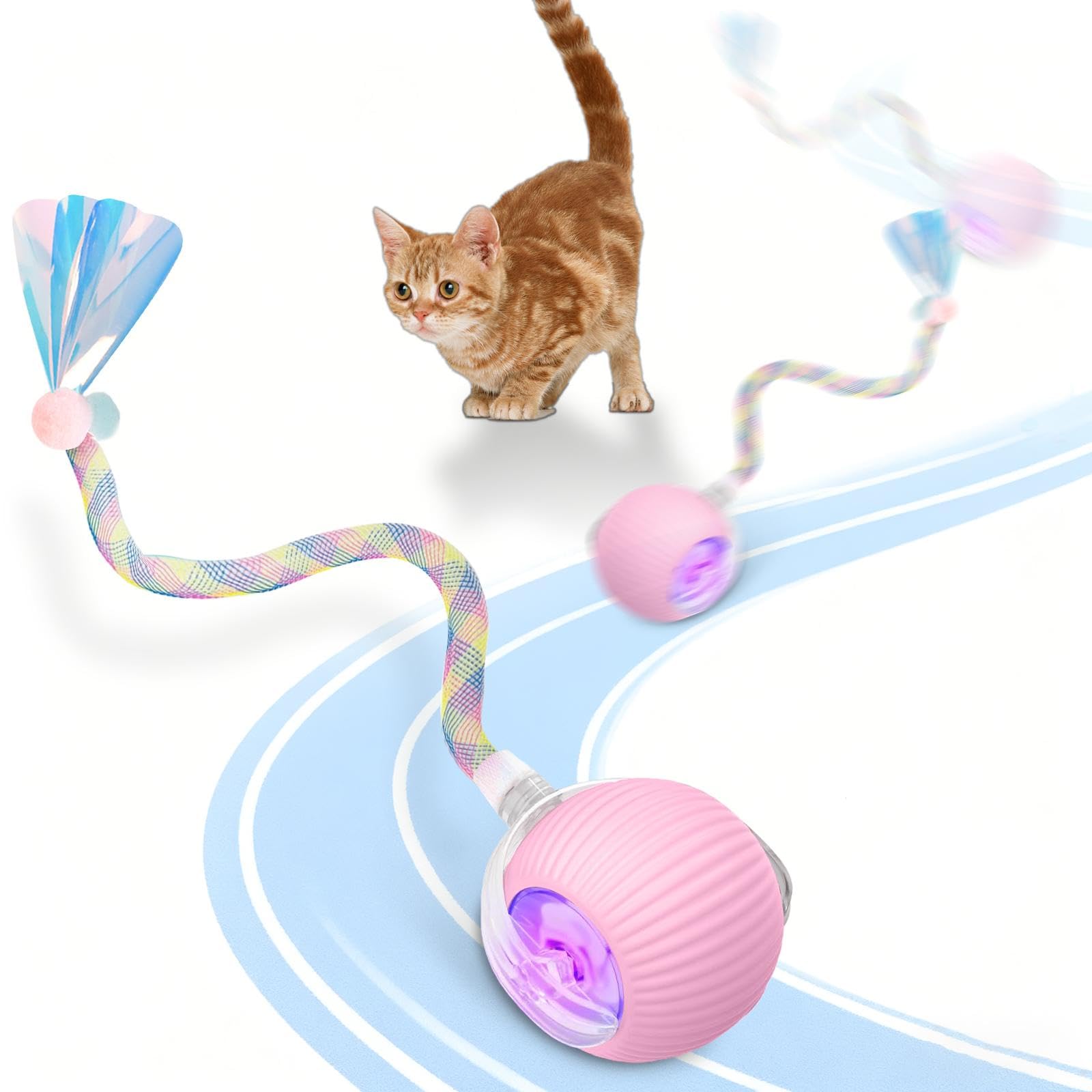 Supore Interaktives Katzenspielzeug Ball, Elektrisch Intelligentes Katzenspielzeug Selbstbeschäftigung Katzenball, Automatisches Rollender Spielball für Katzen mit Libellenschwanz (Rosa)