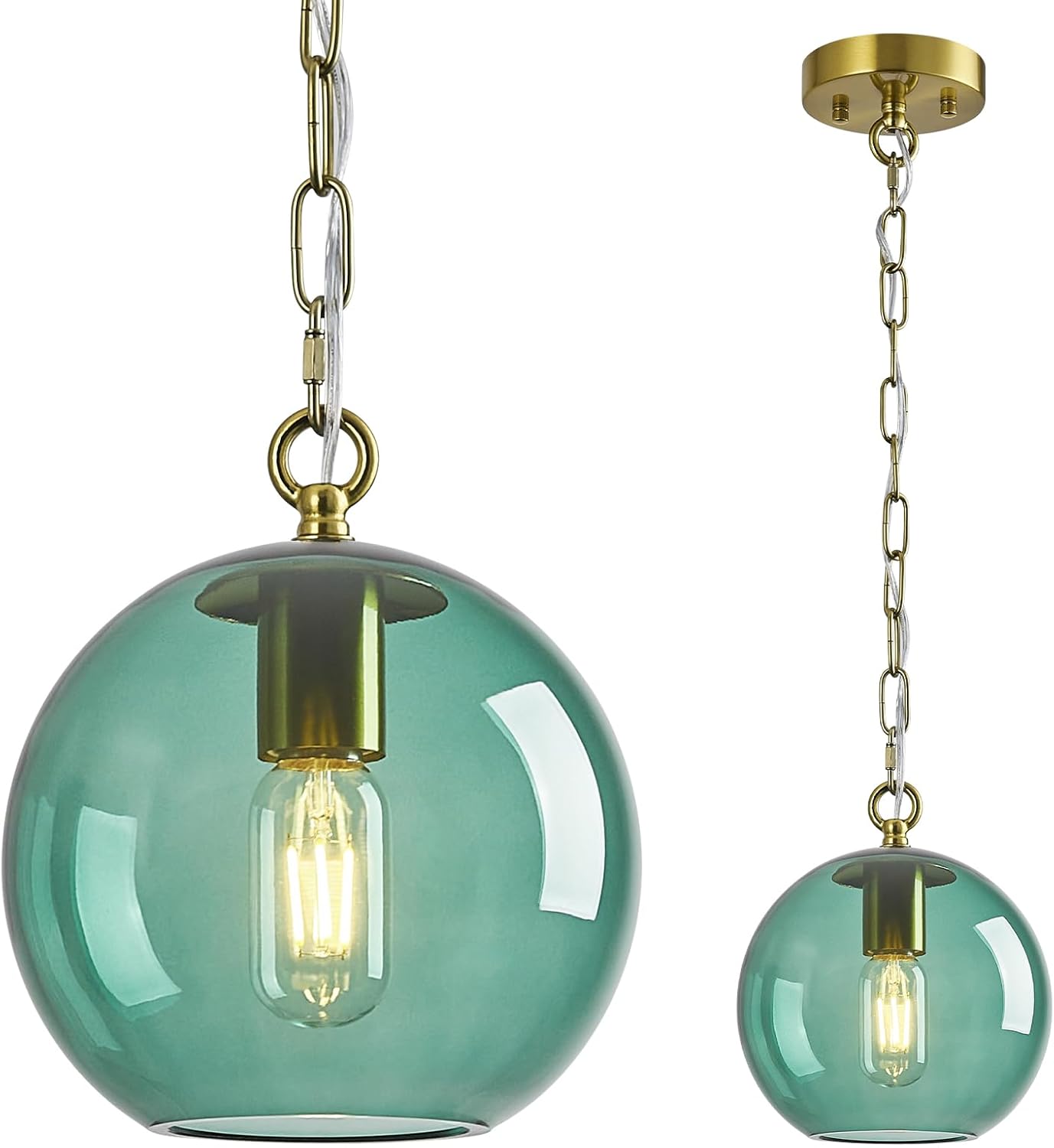 Gray Green Glass Pendant Light Fixtures, Modern Farmhouse Ceiling Hanging Lights Brass Finish Chain Globe Pendant Lights for Kitchen Island Dining Room Bedroom Light Fixture(7.87in, 1-Pack)