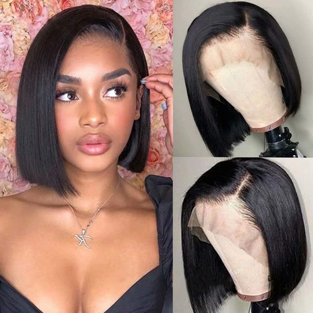 Hair Straight Short Bob Human Hair 13x4 HD Invisible Lace Front Wig For Black Women Side Part Brazilian Remy Hair Pre Plucked With Baby Hair Bleached Knots 150% Density 8Inch