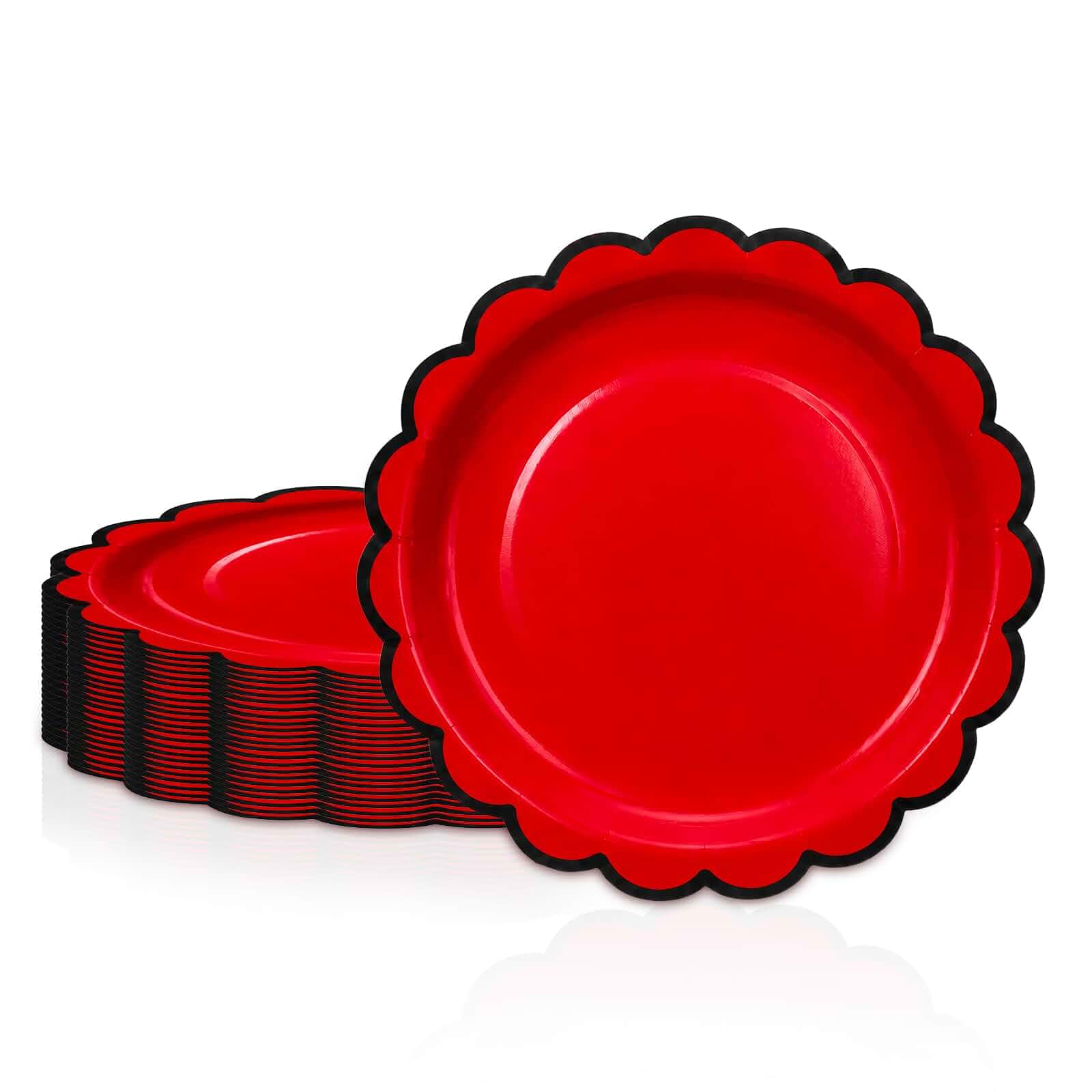 BlgPorty 30Pcs 9Inch Scalloped Edge Paper Plates，Red with Black Border | Decorative Scalloped Rim, Disposable