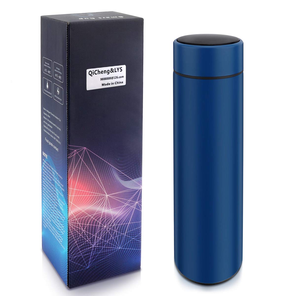 QiCheng&LYS 500ML Travel Mug, Flask with Temperature Display Vacuum Cup with Flask 304 Stainless Steel,Insulation Cup, Double Walled Vacuum for Heat and Cold Water (Blue)