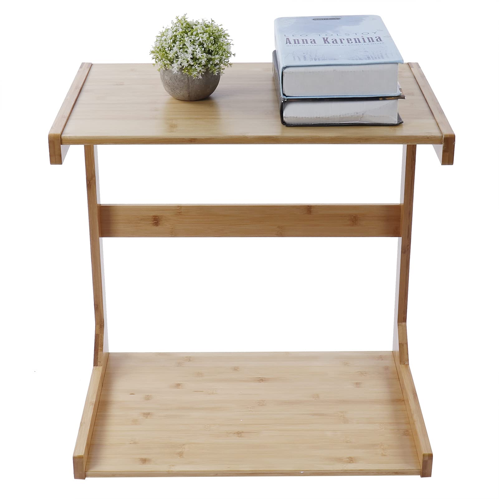 Ausla Mesa Auxiliar en Forma de C Mesa Auxiliar de bambú 22,2 X 14,8 X 22,8 Pulgadas con Ruedas Bloqueables Almacenamiento de 2 Niveles Esquinas Redondeadas para sofá Dormitorio Uso Portátil