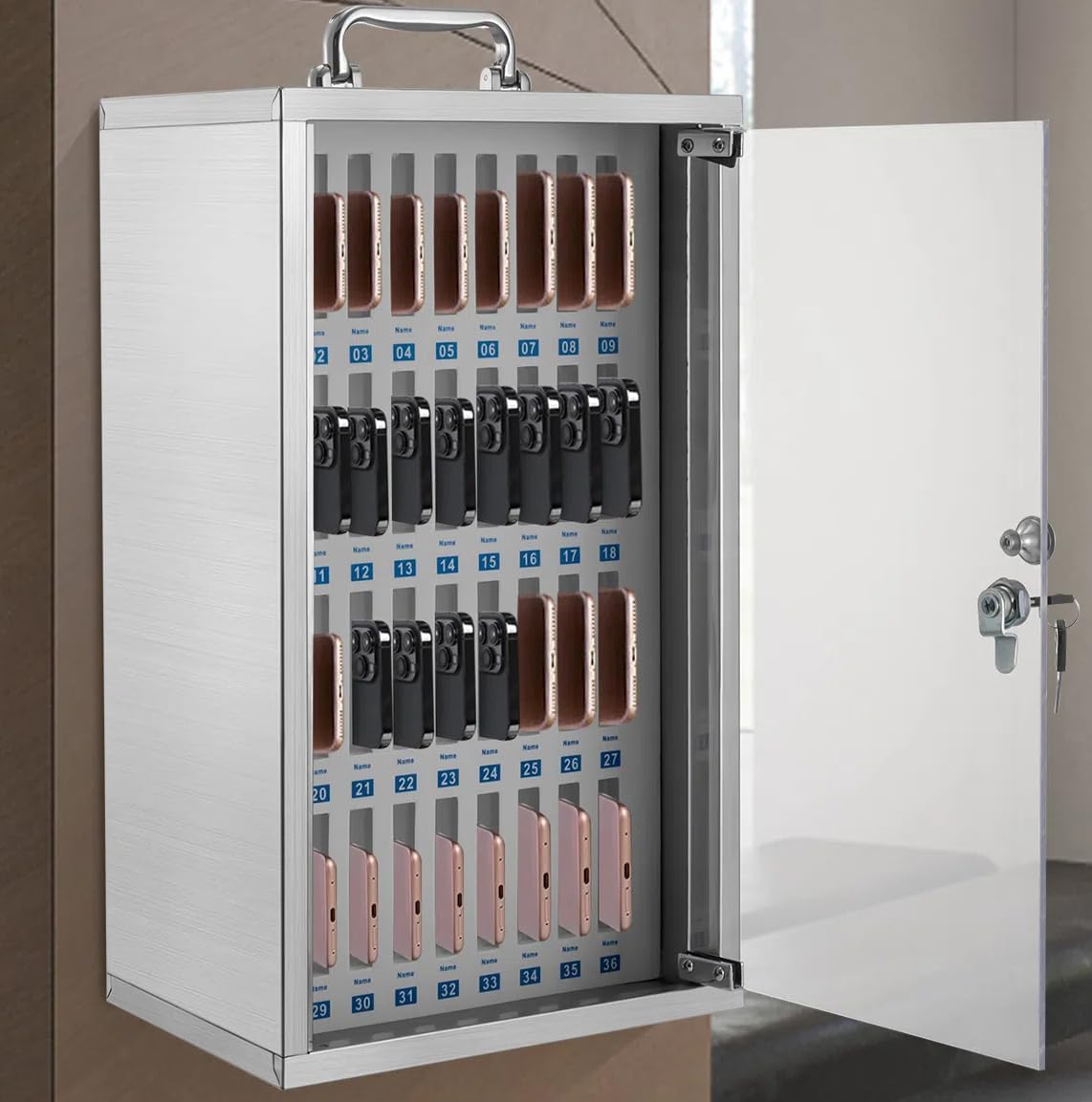 36 Slots Wall-Mounted Cell Phone Storage Cabinet, Aluminum Alloy Classroom Locker for Phones, Portable Cell Phone Jail with Handle, Perfect for Schools and Offices