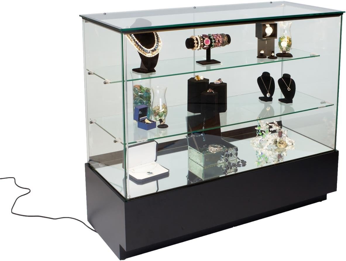 Displays2go Illuminated Glass Jewelry Case, 2 Fixed Cabinet Shelves, LED Lighting, Laminated MDF – Black, Clear (GTLED4FBLK)