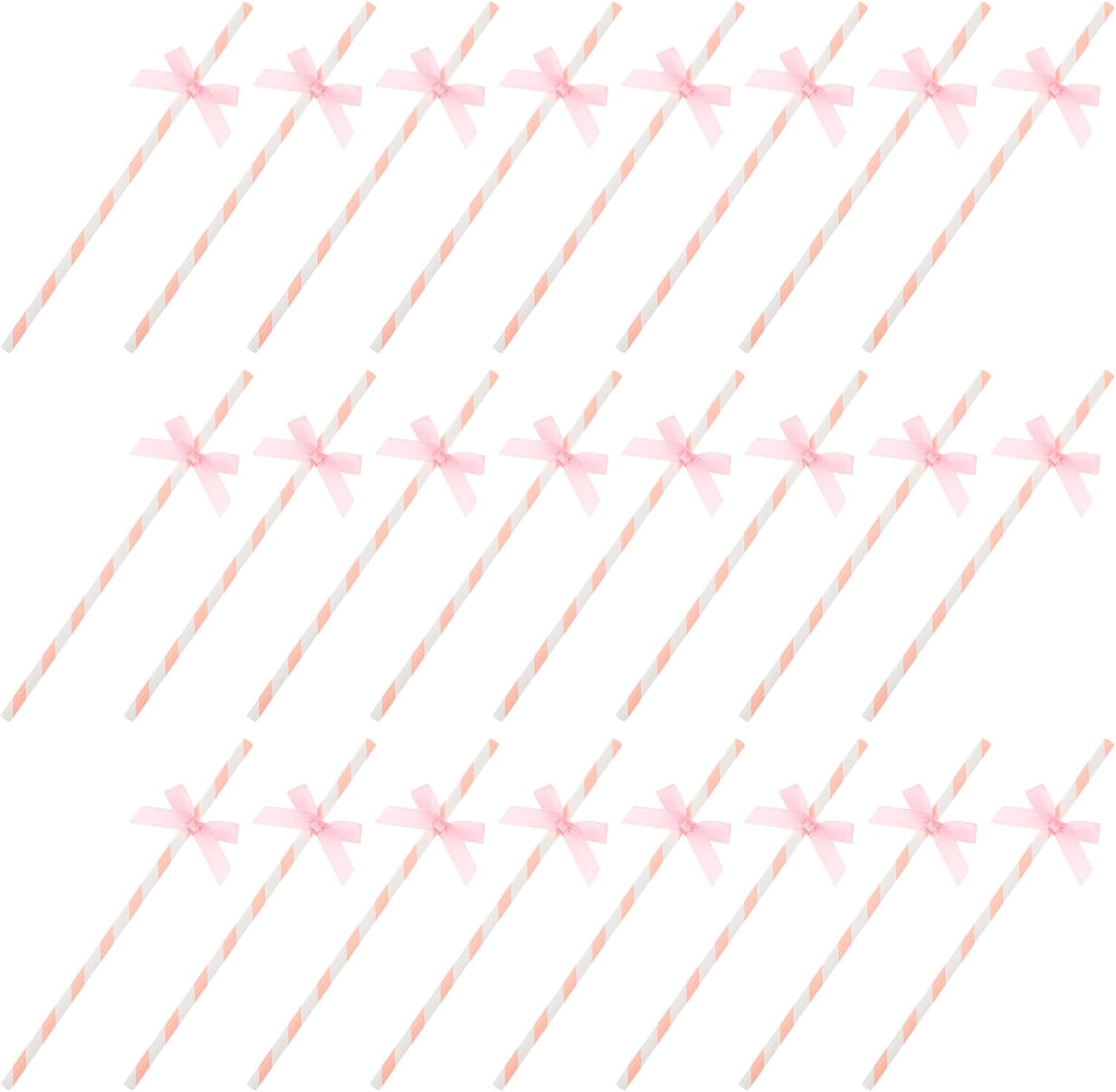 Veemoon 100pcs Pink Decorative Paper Straws with Bowknot, 7.86 Inch Biodegradable Party Paper Straws for Birthday Cake, Shower, and Wedding Drink Decorations