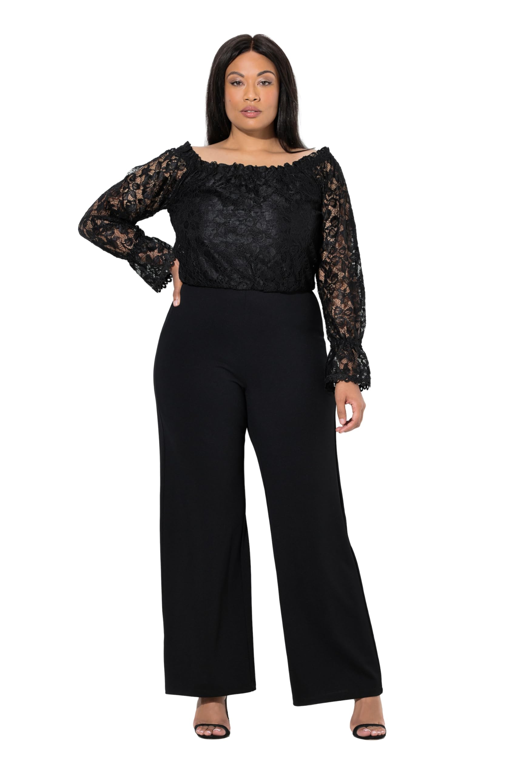 Ulla Popken Damen große Größen Übergrößen Plus Size Jumpsuit, Carmen-Ausschnitt, weites Bein, Langarm 847402