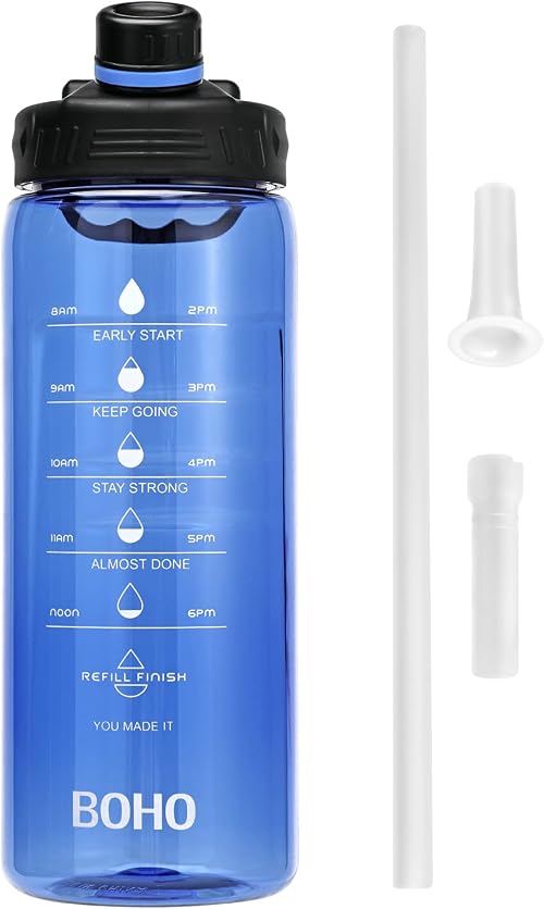 FJbottle 水筒 2リットル ウォーターボトル 2000ml 大容量 タイムマーカー ストロー付き 目盛り 軽量 直飲み スポーツ飲料対応 女の子 男の子 おしゃれ 子供 大人 携帯便利 洗いやすい アウトドア 登山 旅行用 ブルー