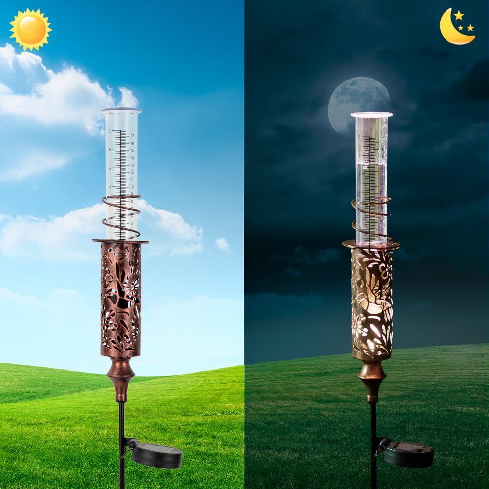 Regenmesser für den Außenbereich, hohl, Kolibri, Solar-Regenmesser, 17,8 cm Rohr-Regenmessgerät mit Pfahl, dekoratives Metall-Regenmesswerkzeug für Hof, Rasen-Ornamente