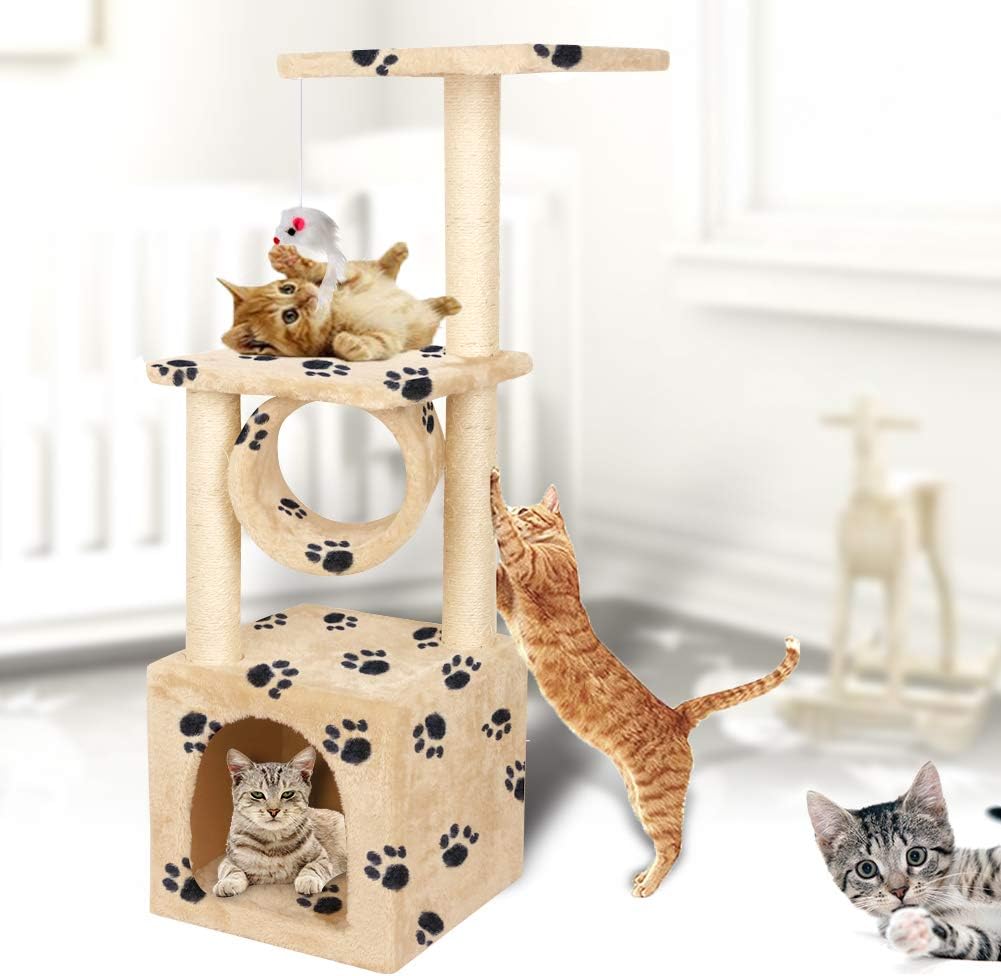 Multifunction Deluxe Cat Tree Climbing Tower Condo House | Activity Tree with Sisal Scratching Posts for Kitten Activity Centre Playhouse, Pet Furniture Cat Tower | Padded Condo | Tunnel | Mouse Toy