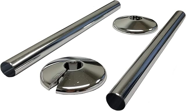 LKT 2 x Radiator Pipe Sleeve Covers and Pipe Collars in Chrome Effect 15mm x 200mm