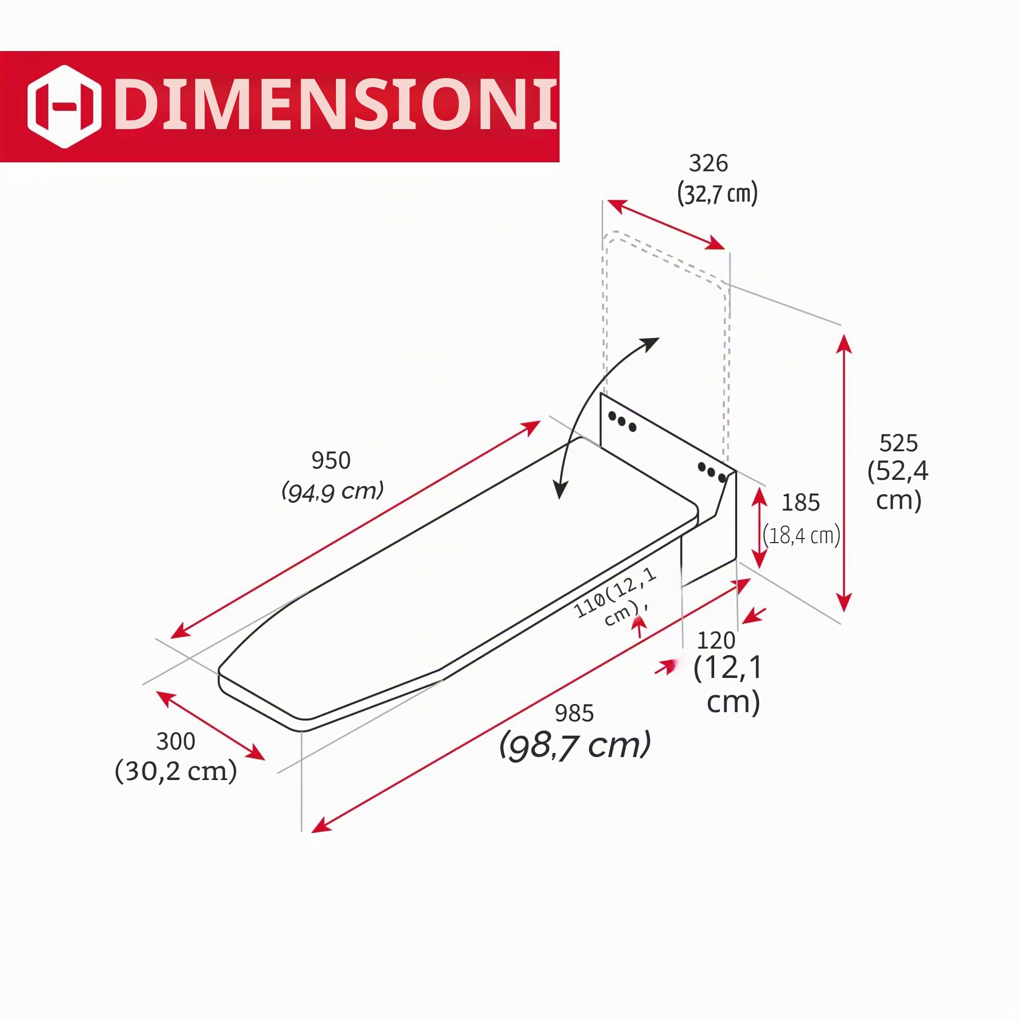 Gedotec Asse da stiro pieghevole IRONFIX copertura dell'asse da stiro argento | ruotabile di 180° in acciaio temprato bianco | Asse da stiro a muro | Made in Germany