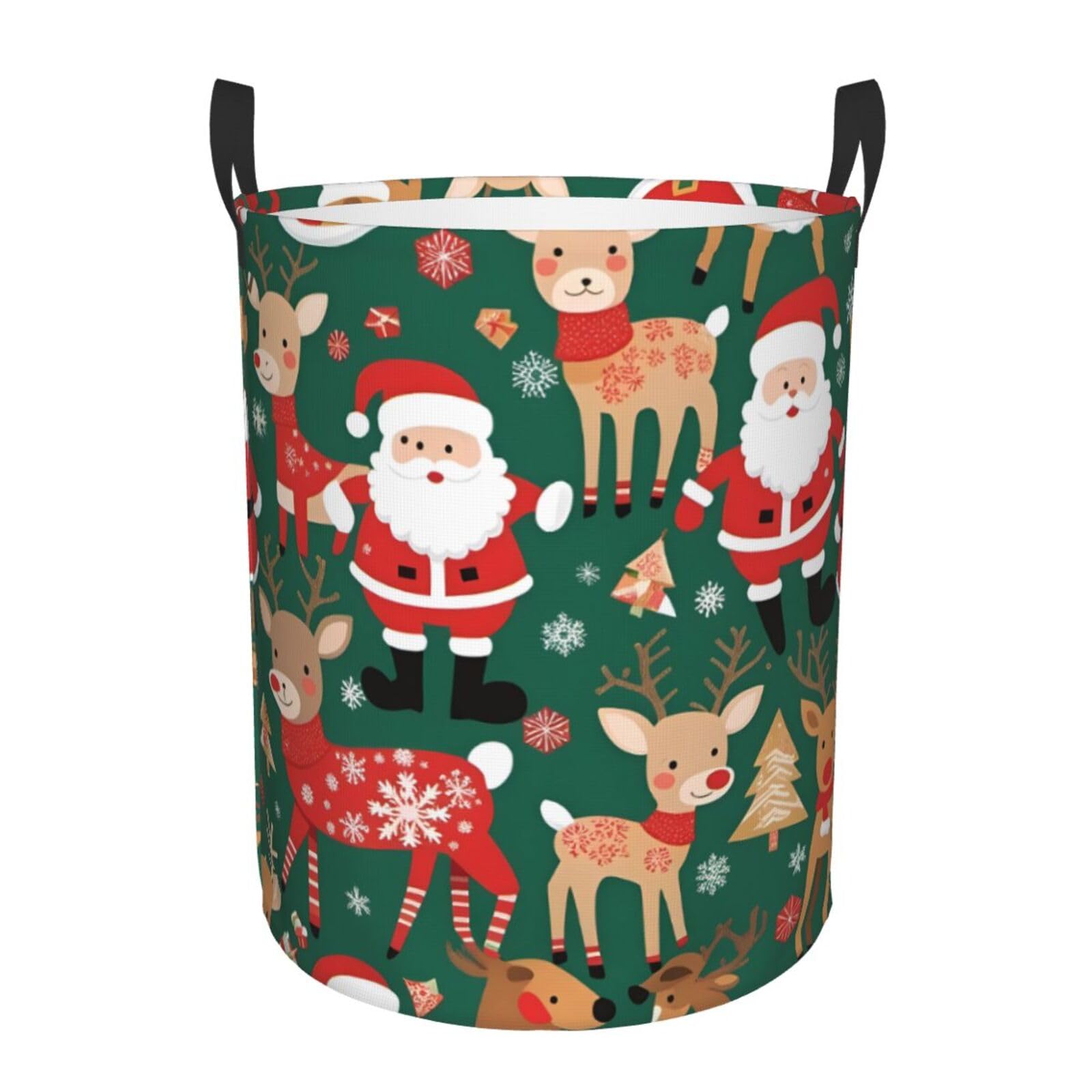 S Collapsible Santa Claus and Christmas deer Print Circular Hamper Round