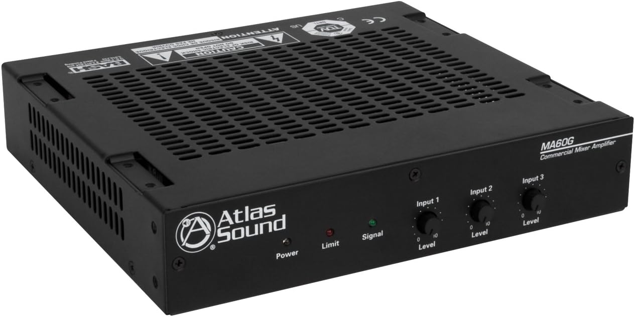 Atlas Sound MA60G Global Mixer Amplifier 3 Channel 60 Watt Balanced MicLineTel Input