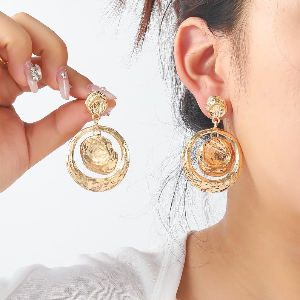 Large Chunky Gold Hammered Round Circle Disc Earrings for Women Vintage Statement Big Silver Hollow Coin Dangle Drop Earring Trendy Party Jewelry Gift - Image 4