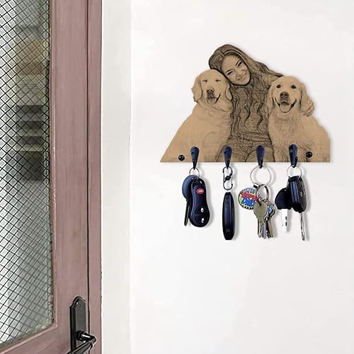 Percha de madera personalizada para llaves con marco de fotos, decoración de pared rústica, organizador de llaves personalizado con 4 ganchos,