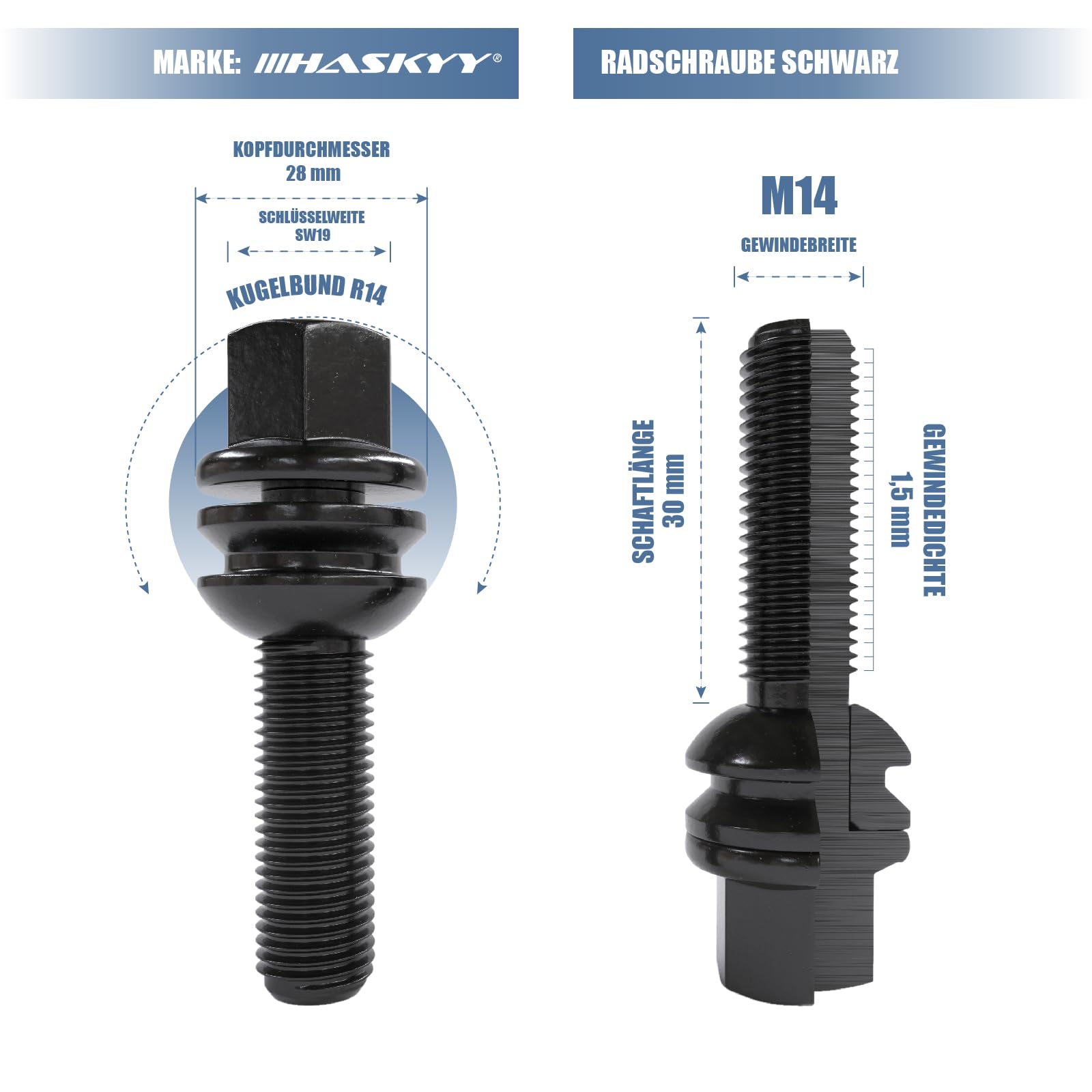 HASKYY 10 śrub do kół M14 x 1,5 x 30 mm czarny pas kulowy R14 luźne SW19 - Made in Europe