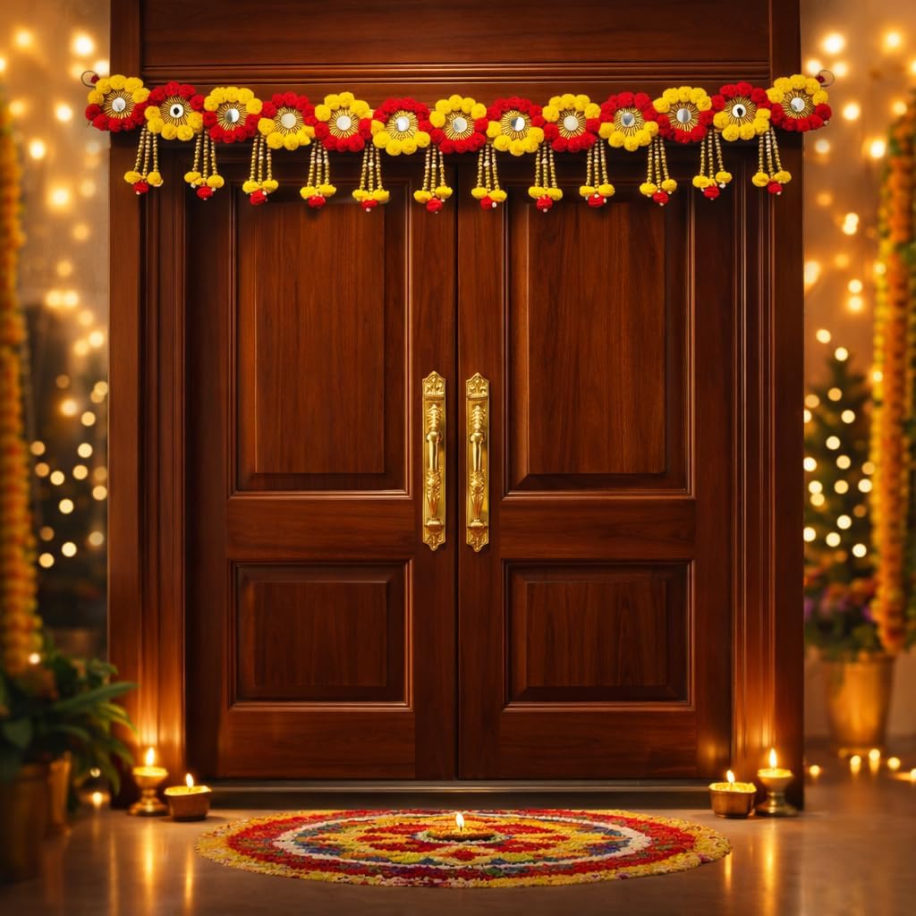 Handmade Decorative Beads Toran, with Gota Chakri, Pom Pom, & Mirror, Size - 40 * 6 Inch, Perfect Used for - Home Decor, Festival Decoration, (RK-T151)