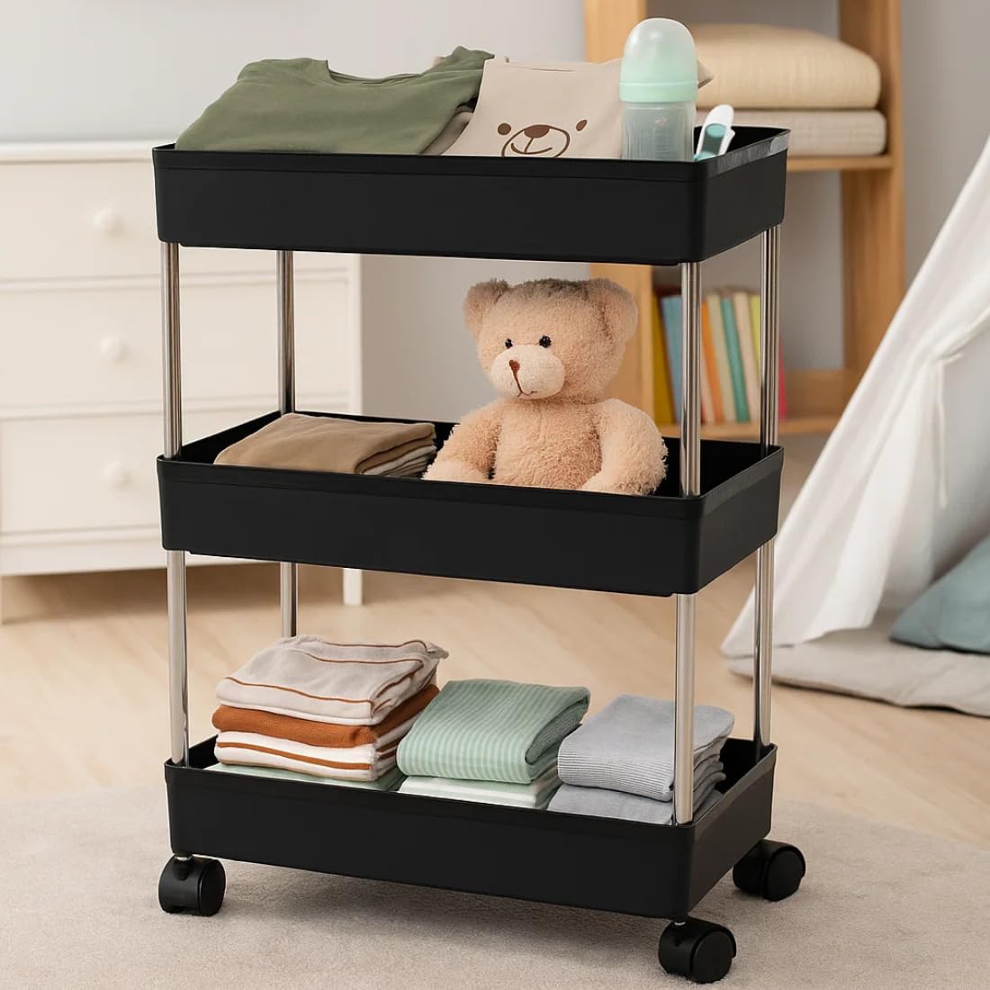Leaffybezz Multipurpose 3-Tier Storage Shelf, Storage Rack with Wheels, Storage Organizer Cart for Kitchen, Pantry Closet, Bedroom, Bathroom(3 Layer, Black)-image-14