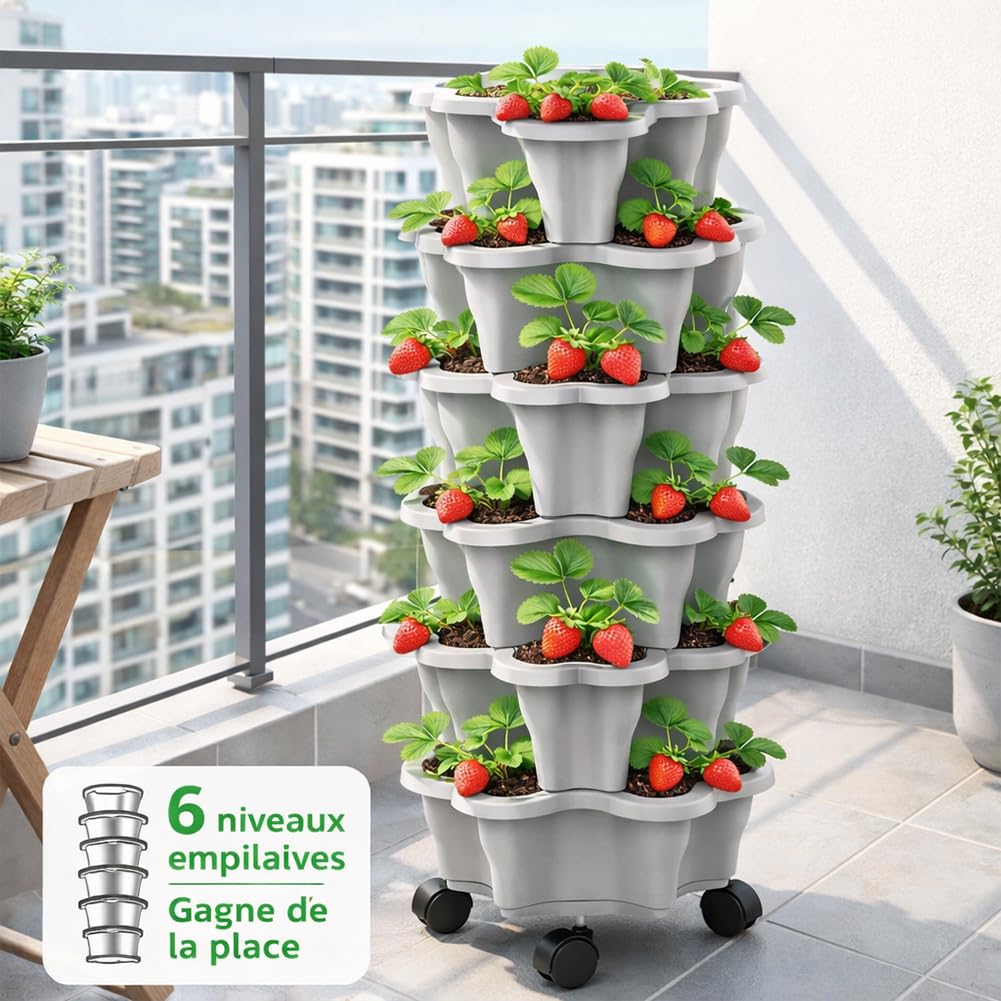 Tour à Fraise Jardinière Empilable 6 Niveaux, Tour Fraises Verticale Extérieure avec roulettes Résistante aux Intempéries, Potager Gain de Place pour Fraises,Légumes, Balcon Terrasse