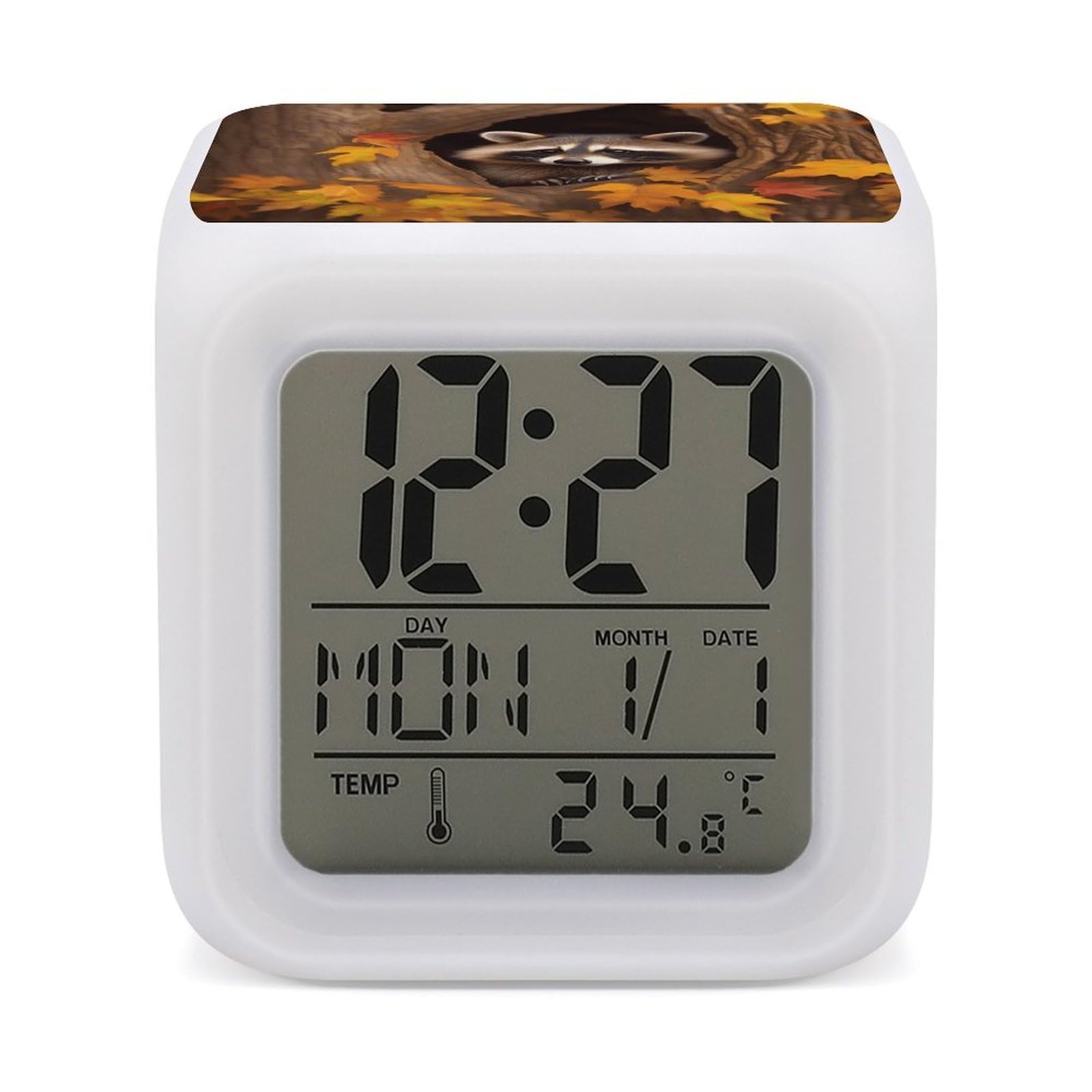 VstaDank Raccoon in The Fall Tree Hole Alarm Clocks with 7 Color Changing Night Light Exquisite Bedroom Digital Clocks with LED Temperature Display Desk Clock Ok to Wake Clocks for Heavy Sleeper