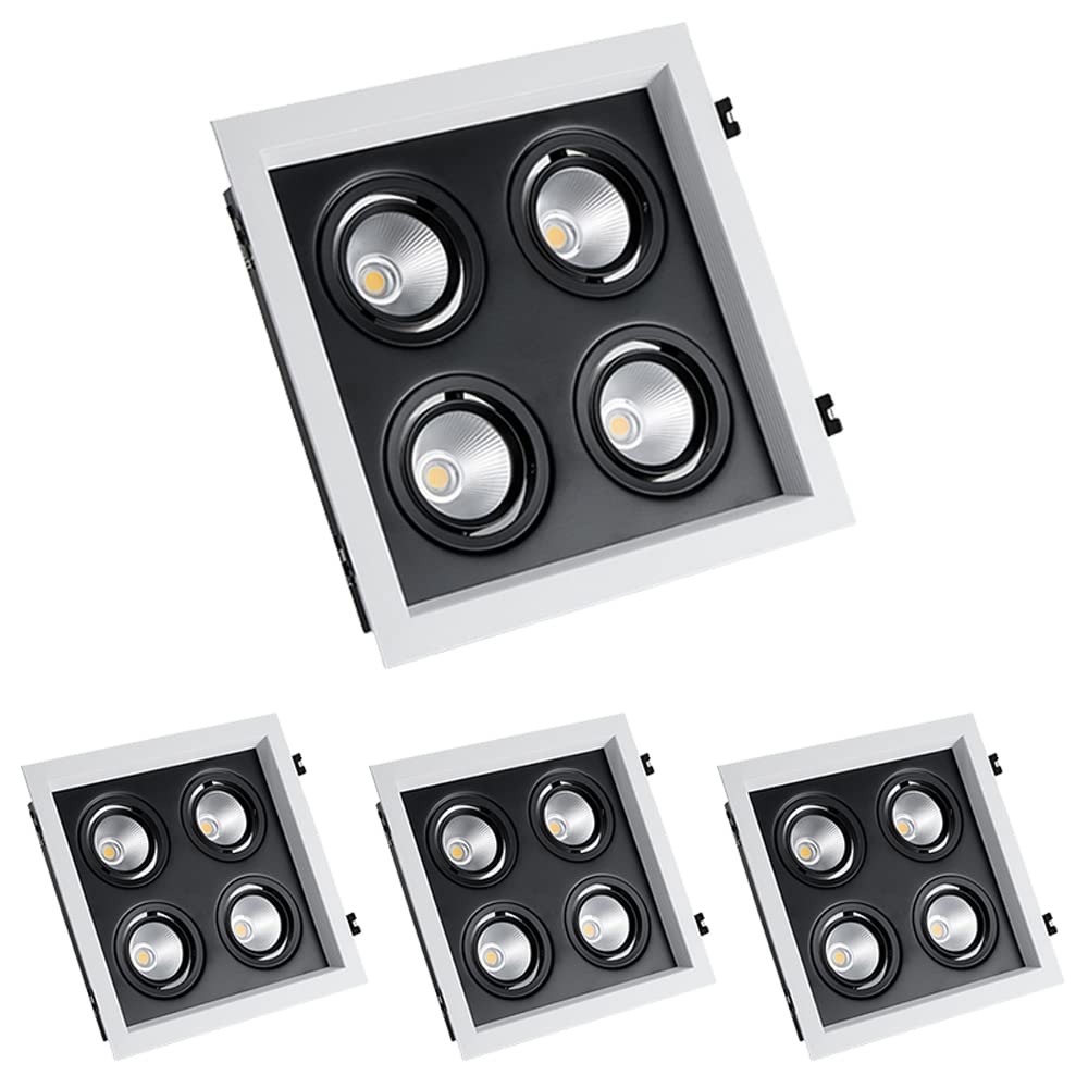 GTHTUHFD 4 Pack,Retrofit Square Canless Cob Downlight,4 Heads Recessed Rotatable Ceiling Lights 20W/28W/40W Eyeball Ceilling Potlight Anti-Glare Disk Light Trim,4 * 7w