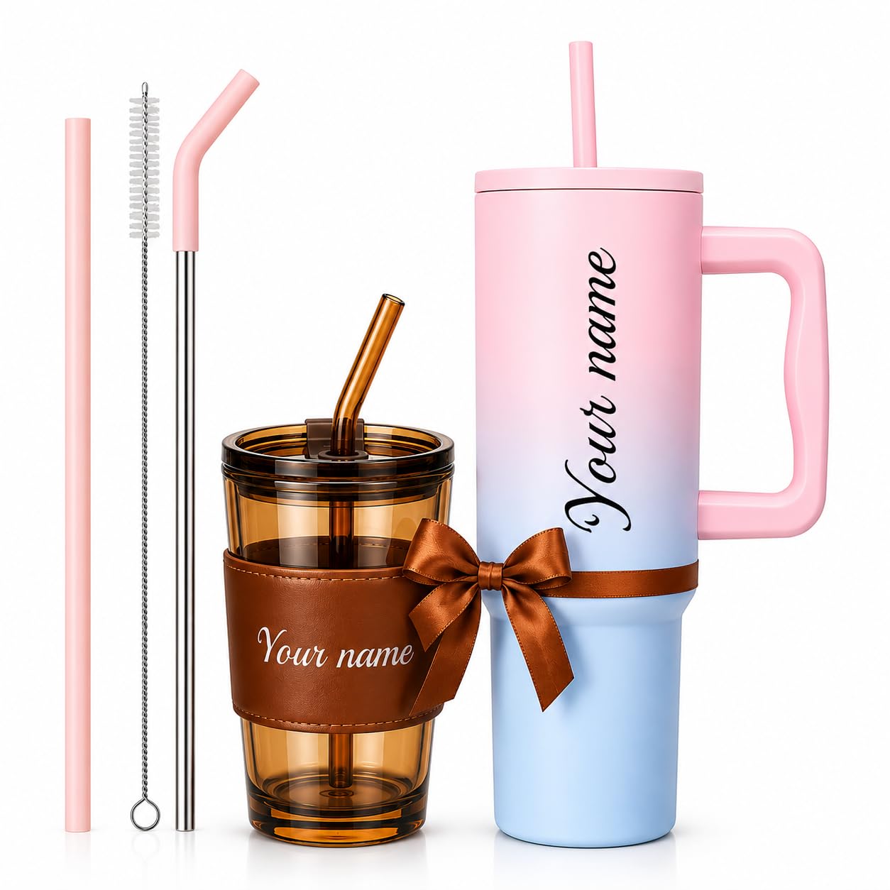 COMFYPOT Personalized Tumbler Combo Set with Name | 1200ml Stainless Steel Insulated Mug with Straw Handle + 435ml Glass Sipper Cup | Leakproof Coffee Mug Gift (Brown Mug/Candy)
