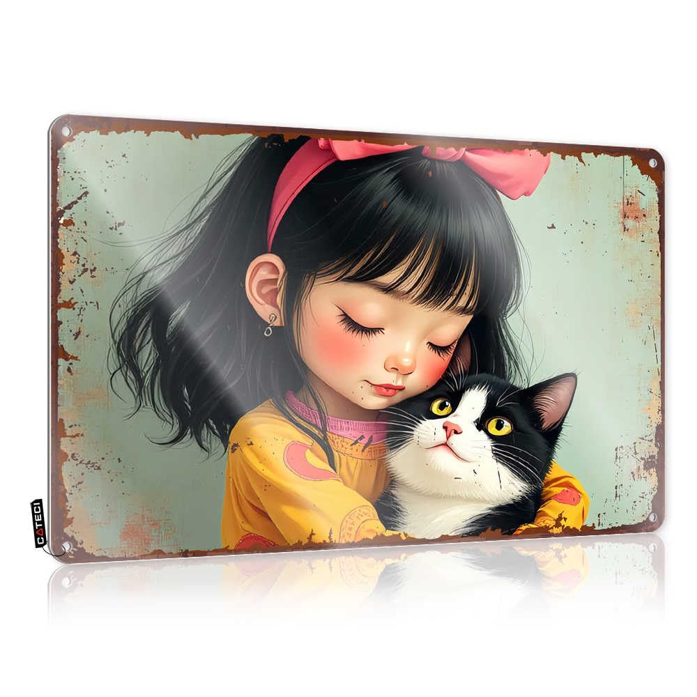 Fzfn Girls Colour Matal Sign Bath Sets Wall Decor | Whispering Secrets: A 'S Tender Moment With Her Cat Cute For Farmhouse Home(20X30cm)