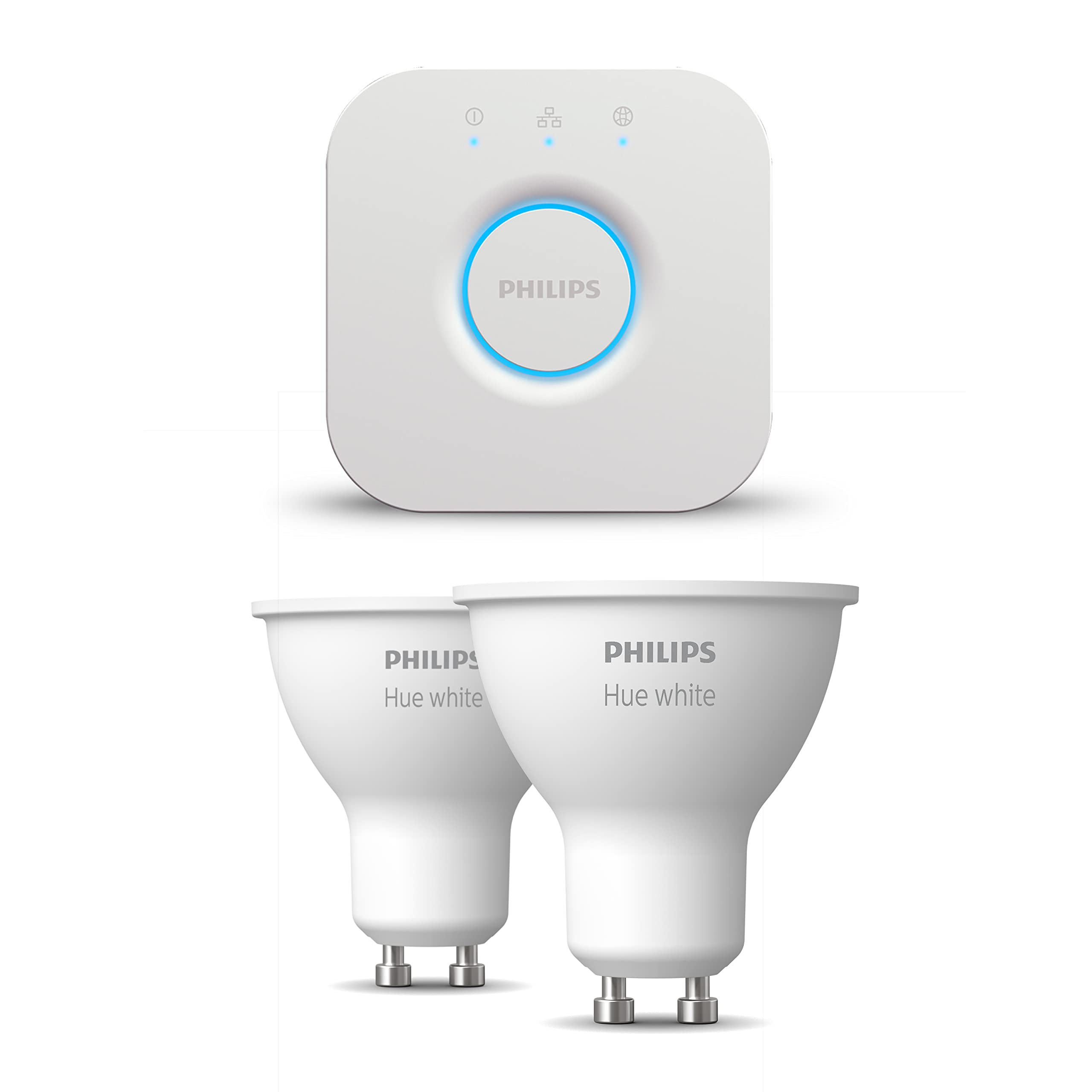 Philips Hue Starterpaket - GU10 - mit 2 Spots - Warmweißes Licht - inkl. 1 Hue Bridge - Hue White