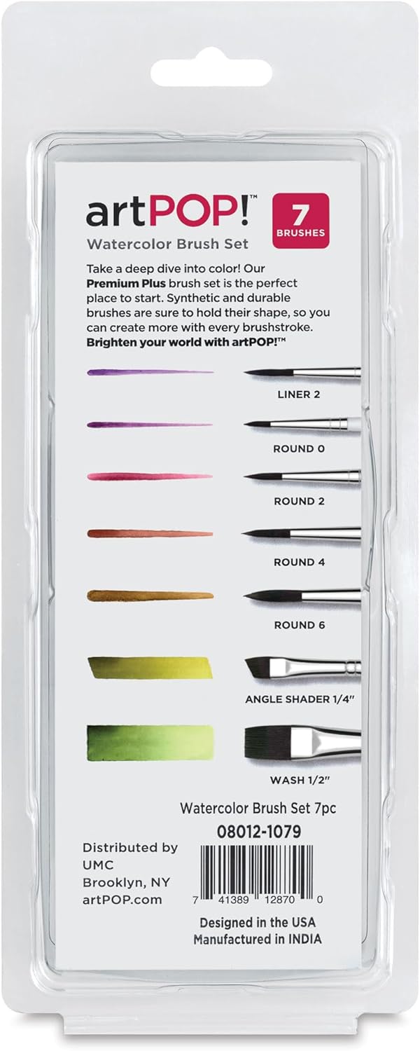 artPOP! Watercolor Brushes, Set of 7, Premium Synthetic Paint Brushes, Assorted Shapes and Sizes, Short Wooden Handles, Artist Brushes for Watercolor and Gouache