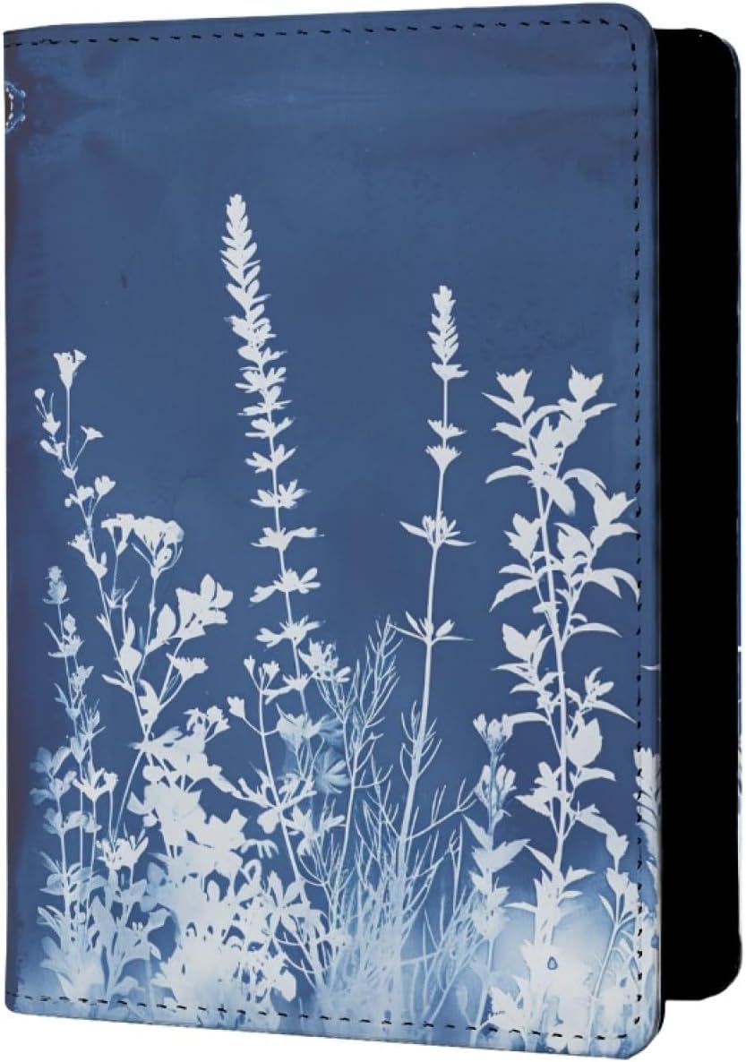 Japanese Leaves Passport Cover RFID Blocking PU Cover Wallet Beige Blue S image 4