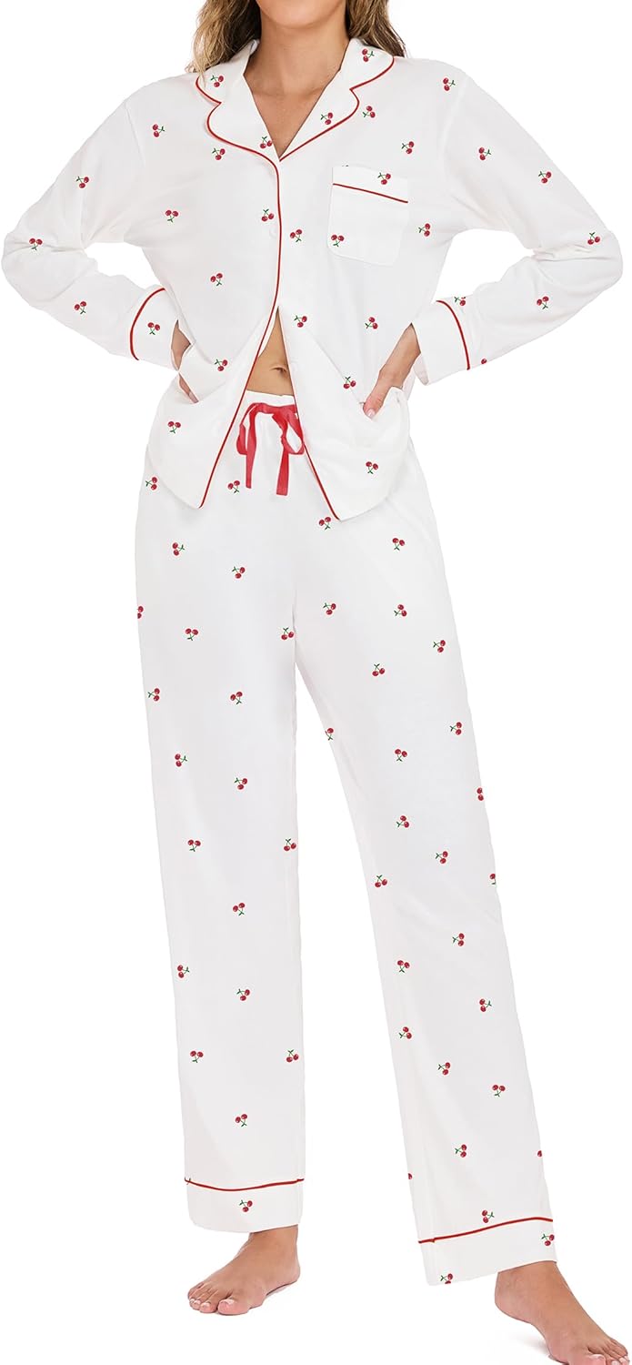 LUBOT 100% Cotton Pajamas for Women PJ Set Soft 2 Piece Ladies Button Knit Long Short Sleeve Sleepwear Loungewear XS-XXL