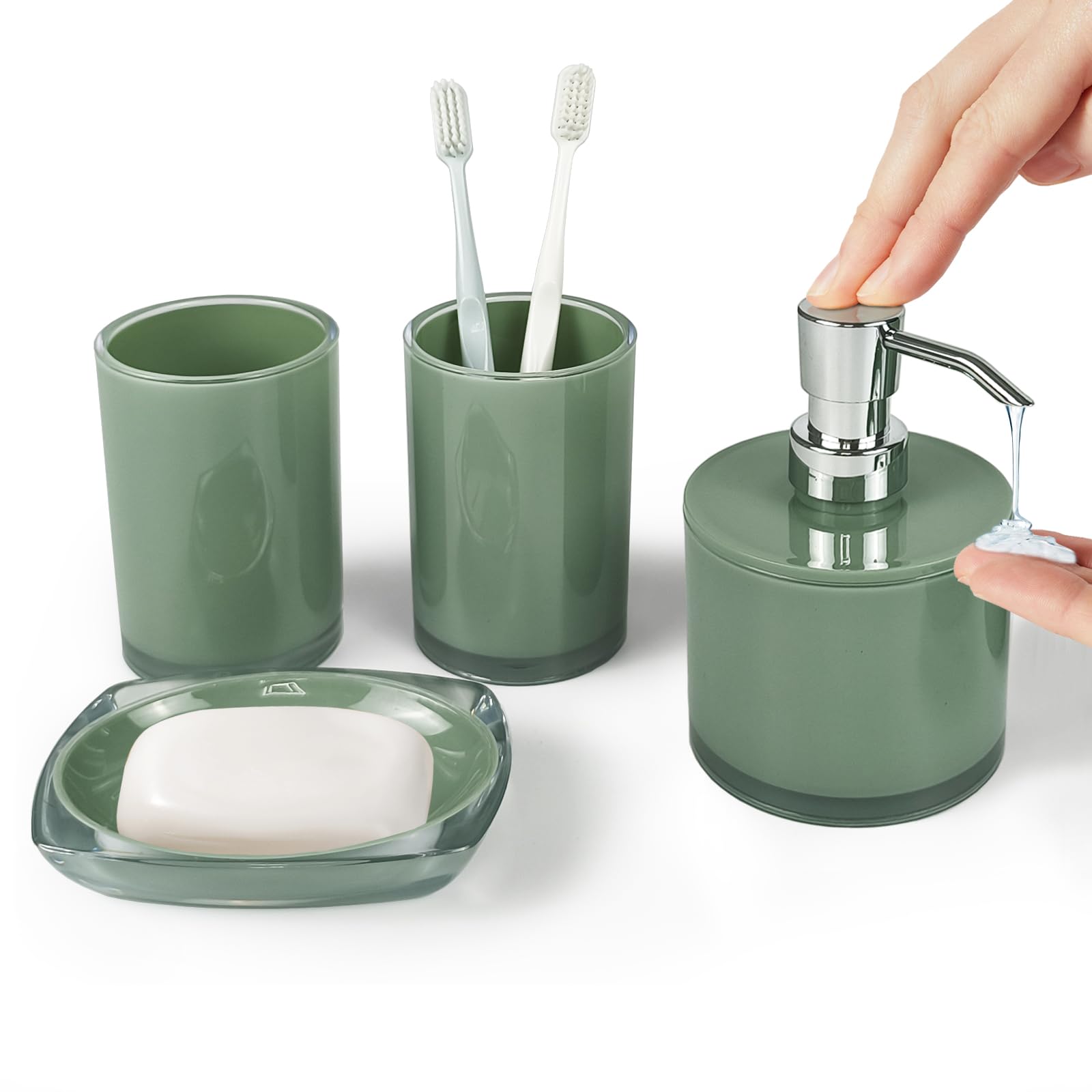 Juego de accesorios de baño anticaídas con base gruesa, dispensador de jabón y vasos verdes