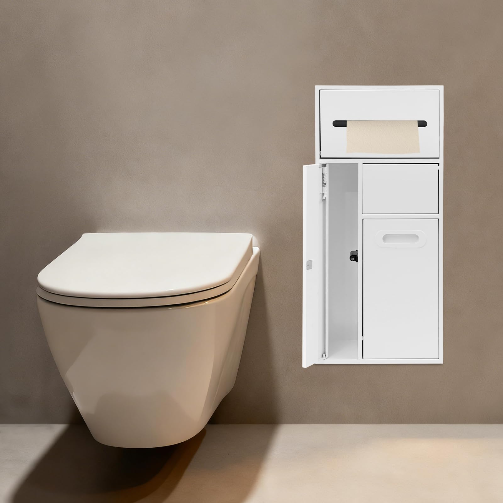 Badezimmer aus Edelstahl mit Eingebauter Dusche Badezimmer Einbau Organizer, MüLleimer mit Toilettenpapierhalter und BüRstenspeicher, Platzsparend, Rostfrei, für Zuhause und BüRo (Weiß)