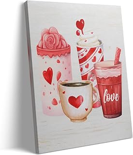 Valentine's Day Canvas Wall Art, Romantic Heart Mug and Sweet Drinks Print Poster Framed, Cozy Farmhouse Kitchen Decor, Love-Themed Wall Oil Painting Artwork for Holiday Decor 8x10inch