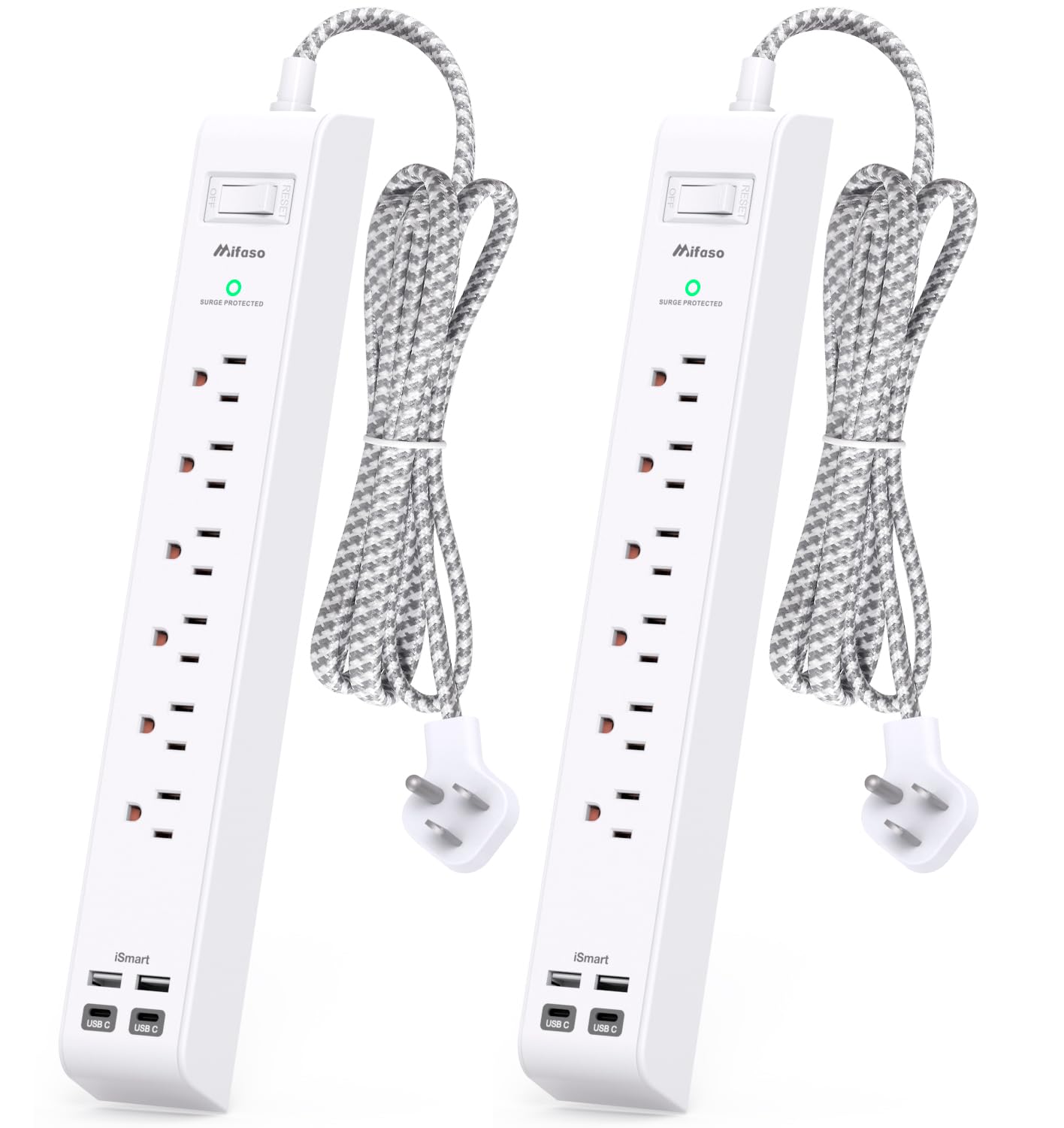 mifaso Power Strip 10 ft with 4 USB Ports 2 -C 6 AC Outlets, Flat Plug Extension Cord, USB Charging Station, Wall Mountable for Home, (MFS311P)
