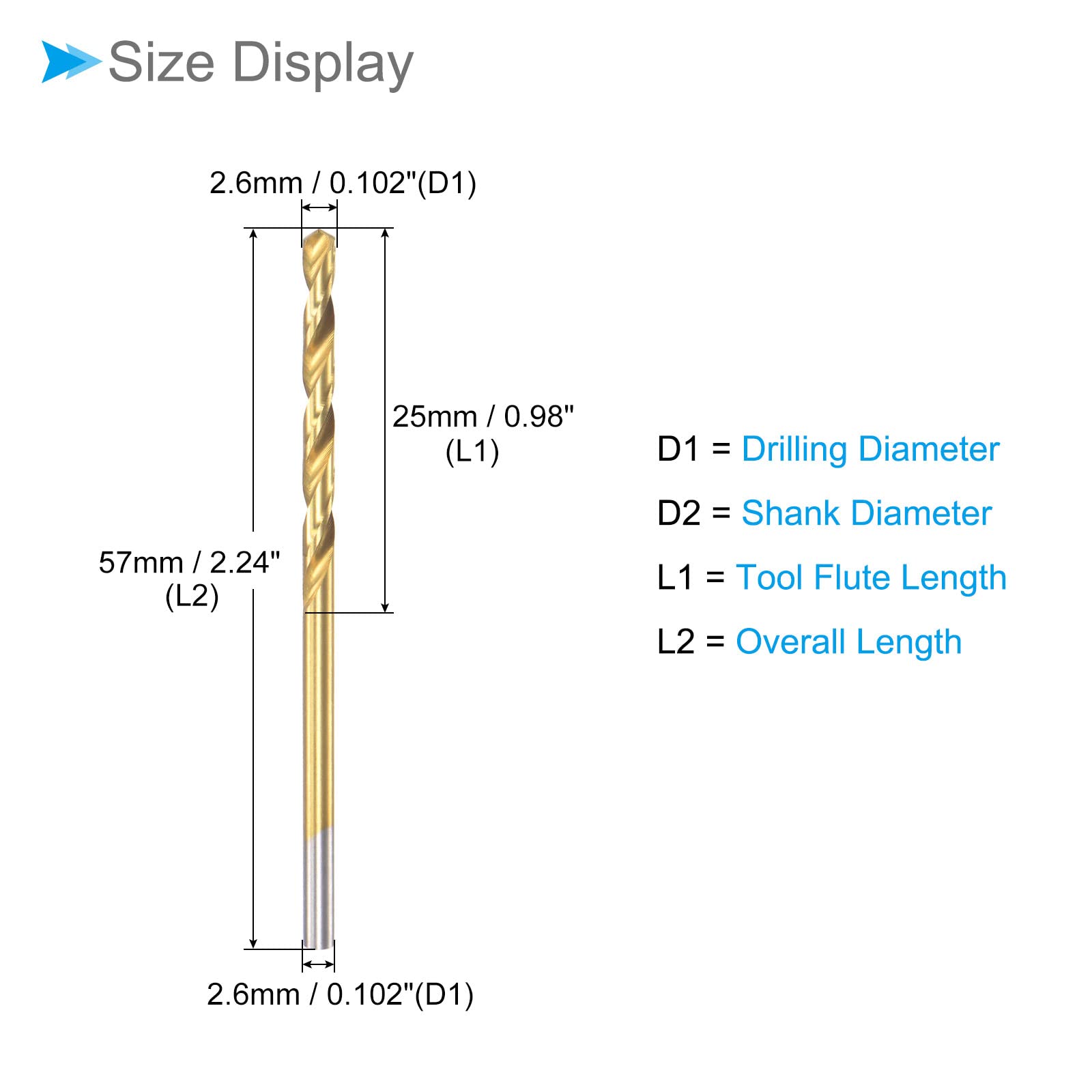 CoCud Twist Drill Bits, 2.6mm Drilling Diameter, Titanium Coated High Speed Steel 6542 Straight Round Shank - Image 2