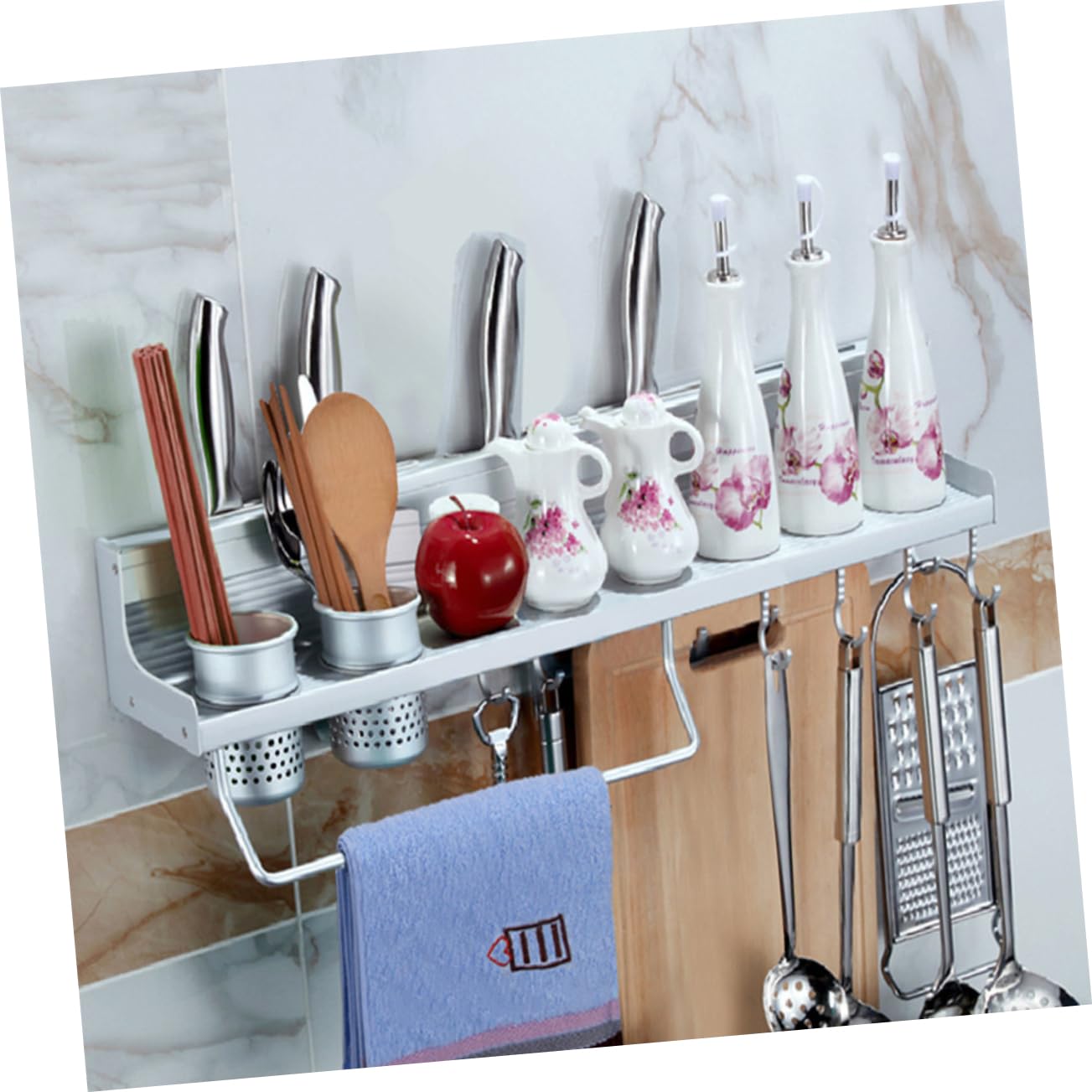 OUNONA Wall-mount Gewürzregal Aus Aluminium Küchen Organizer Für Töpfe Pfannen Und Utensilien Mit Haken Und Aufbewahrungstassen Platzsparend Für Küche Restaurant Und Hotel