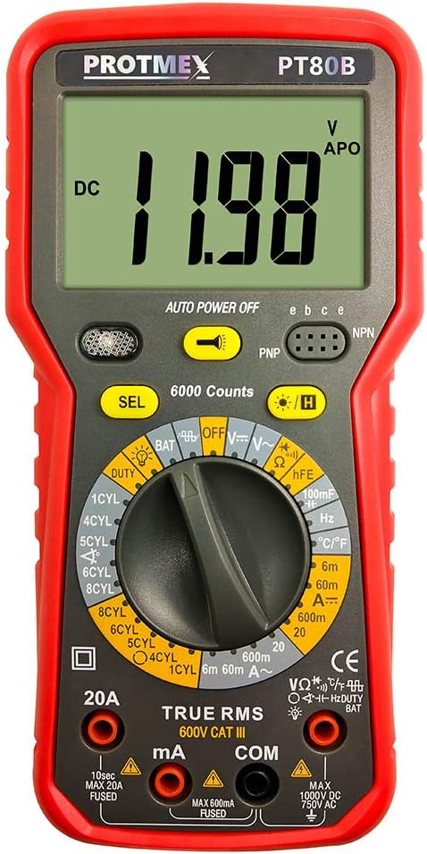 PROTMEX Digital Multimeter, 6000Counts TRUE RMS Auto-Range DDM with thermocouple, AC Voltage Tester, Voltage Alert, Amp/Ohm/Cap Multi Tester/Diode and Continuity Test with Backlight LCD Display,PT80B
