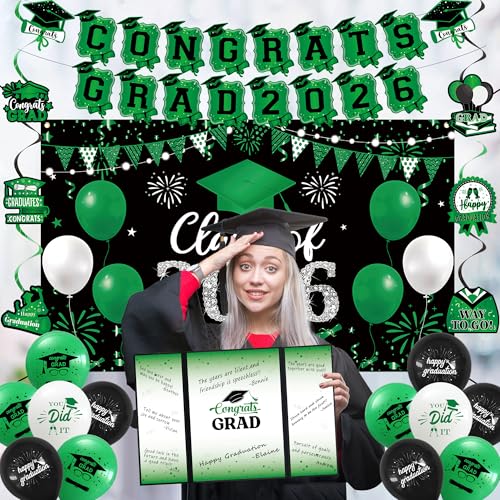 Image of Vlipoeasn Green 2026 Graduation Party Decorations 2026 College /High School Graduation Decorations Party Supplies, Black and Green Class of 2026 Congrats Grad Backdrop Banner Signature Book