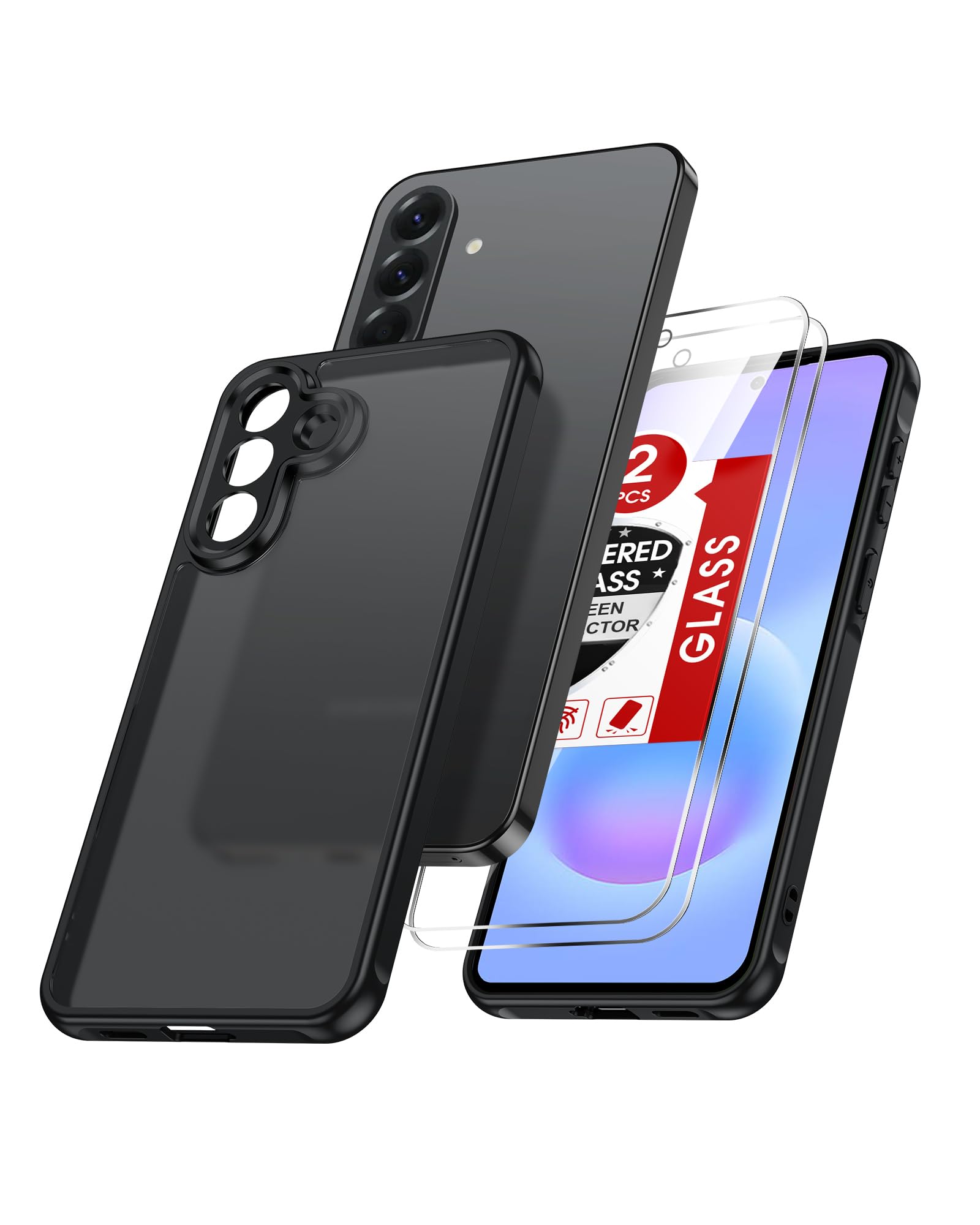 LeYi für Samsung A57 Hülle Transluzent Dünn Case mit 2*Panzerglas-Schwarz